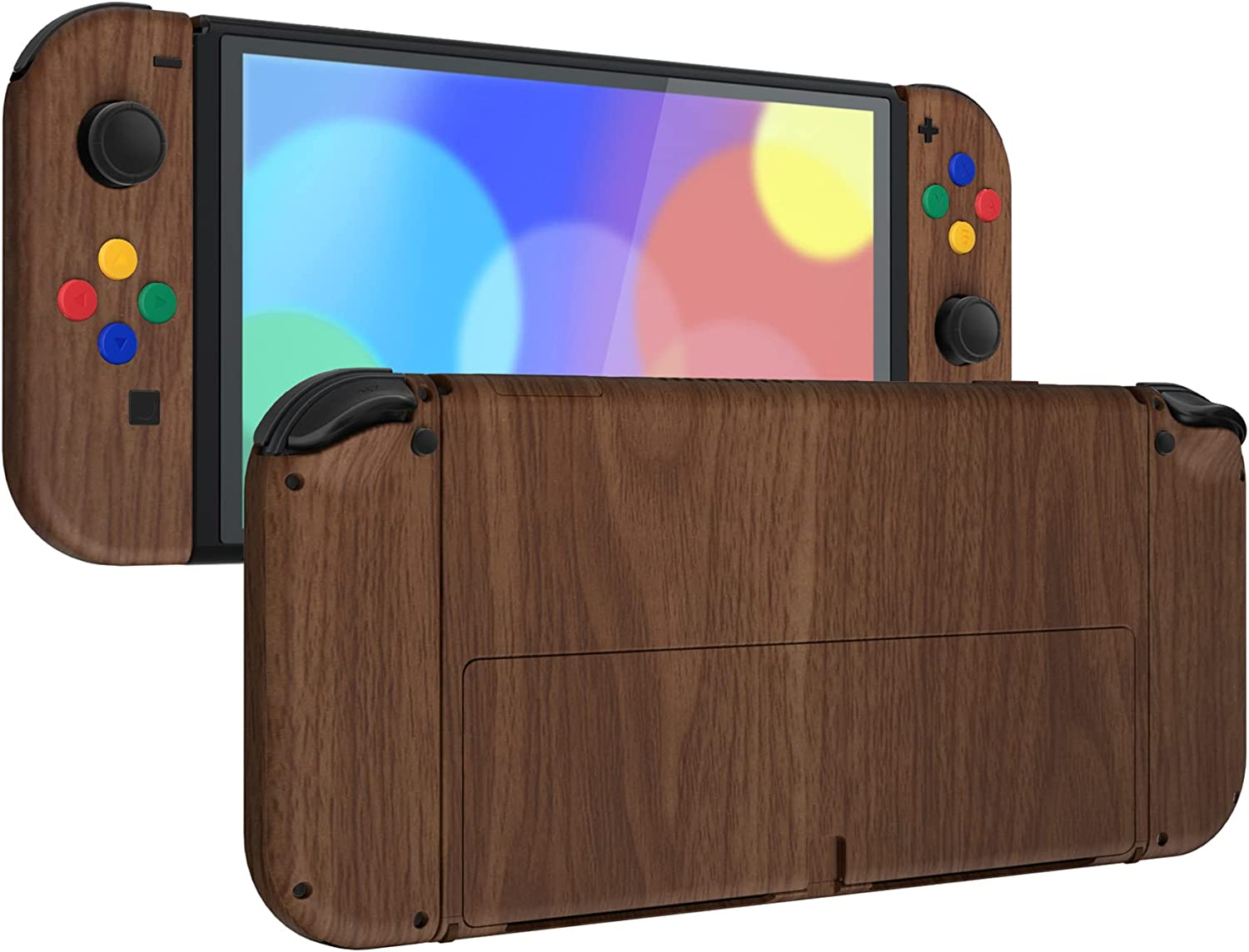 Extremerate Wood Grain Soft Touch Full Set Shell for Nintendo Switch OLED, Replacement Console Back Plate & Metal Kickstand, NS Joycon Handheld Controller Housing & Buttons for Nintendo Switch OLED