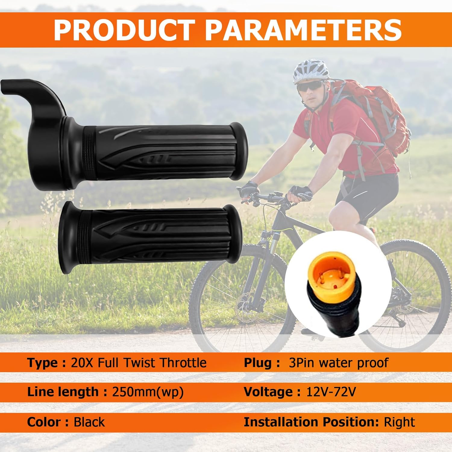 Electric Bike Full Twist Throttle, 24V 36V 48V 60V 72V Right Handle Throttle with 3 Pin Waterproof Connector for Folding Electric Scooter, Ebike or Motorcycle image number 2