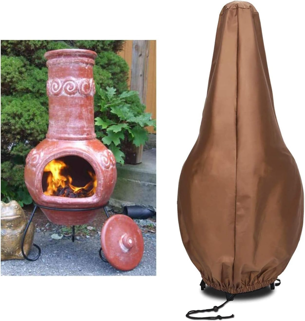 Chiminea Cover Waterproof Heavy-Duty Protective Cover - 32"D X 60"H Fire Pit Heater Cap, Adjustable Drawstring Hem Weatherproof Polyester for Outdoor Clay Chimineas & Patio Furniture (Brown) image number 6