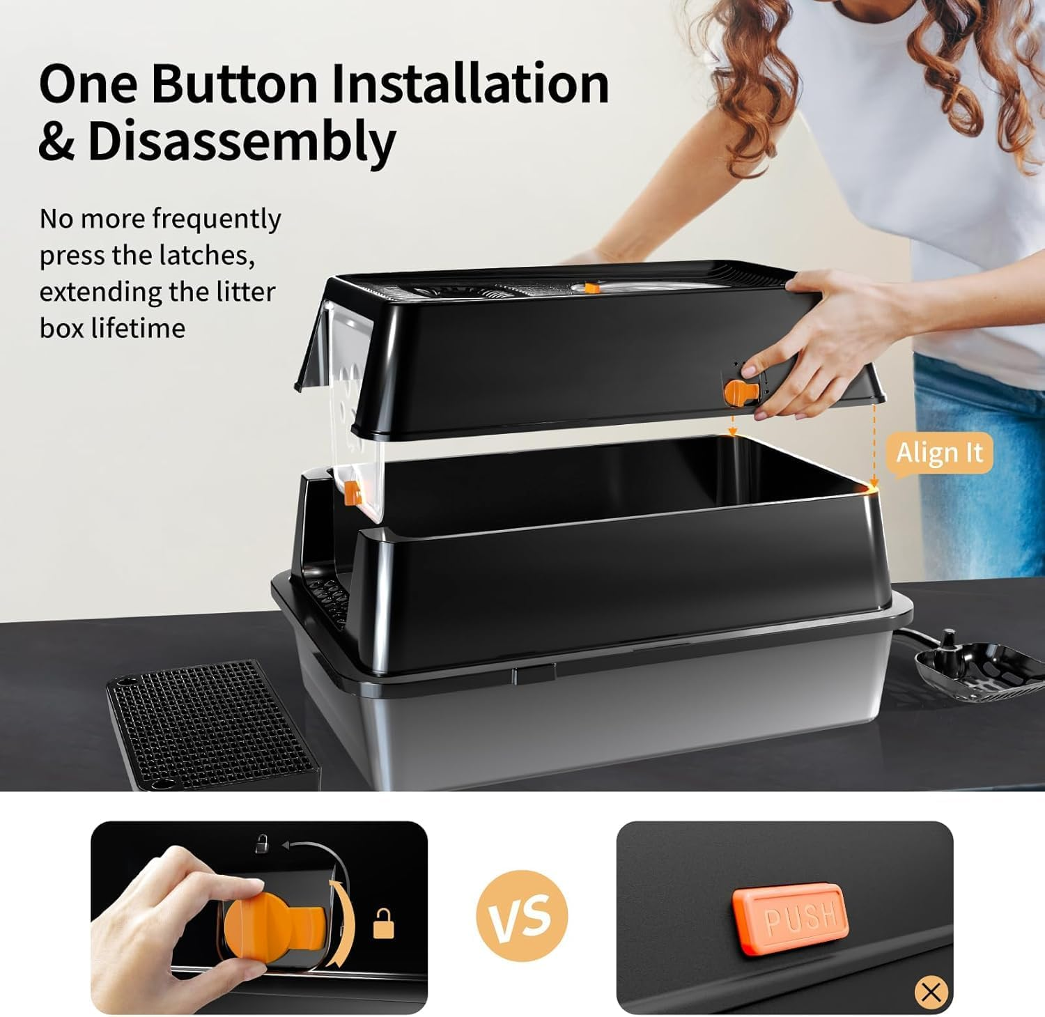 Stainless Steel Cat Litter Box with Lid, Large Enclosed High Sided Litter Box with Removable Lid, Carbon Filters -Odor Free, Easy Cleaning, Anti-Urine Leakage for Big Cats (Black) image number 4