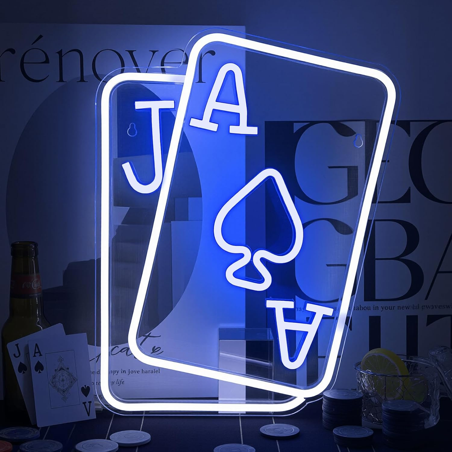 Gamerneon Playing Cards Neon Signs for Wall Decor Poker Teens Led Neon Light Blue White Usb Light Sign for Bedroom Casino Bar Hotel Play Room Birthday Party Decor image number 6