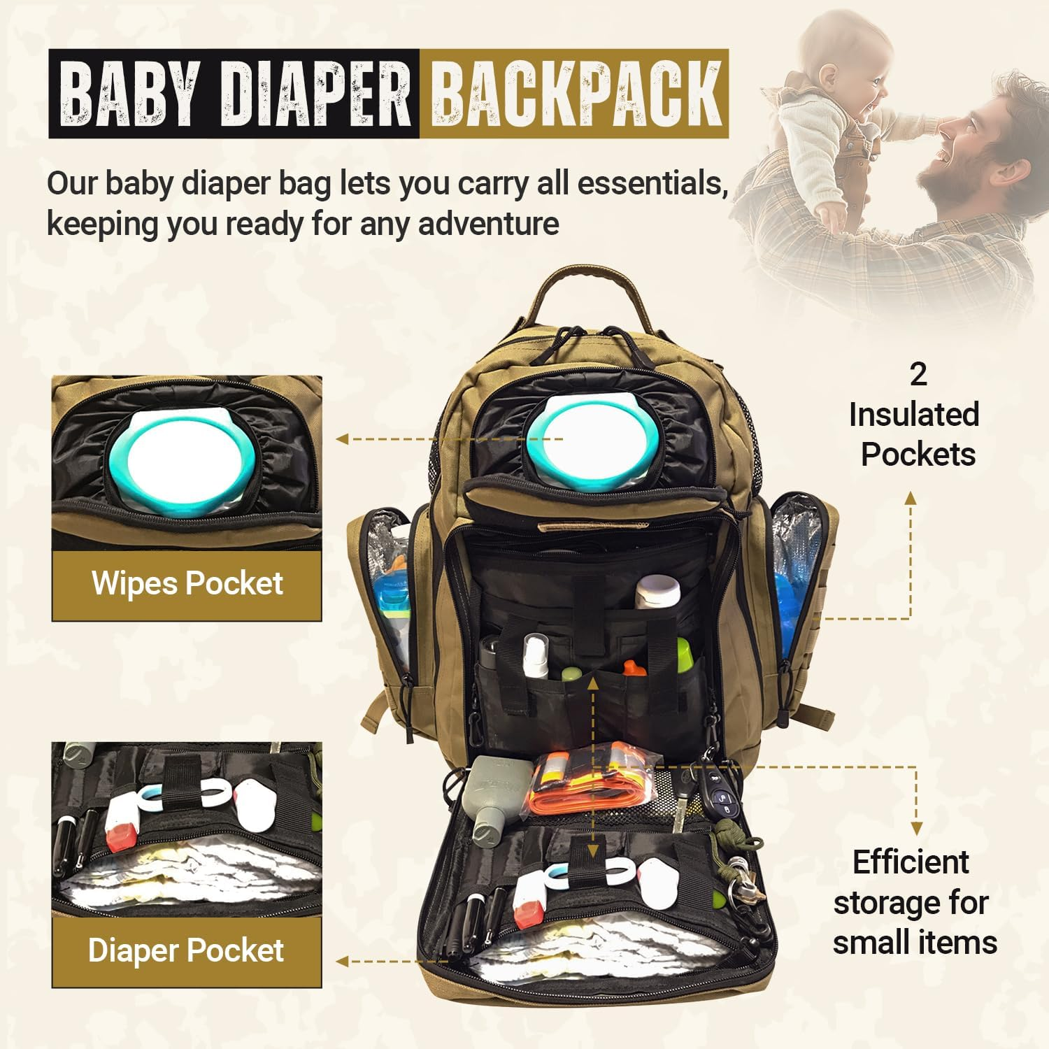 HSD Dad Diaper Bag Backpack, Changing Mat, Wipes & Bottle Pockets, Waterproof
