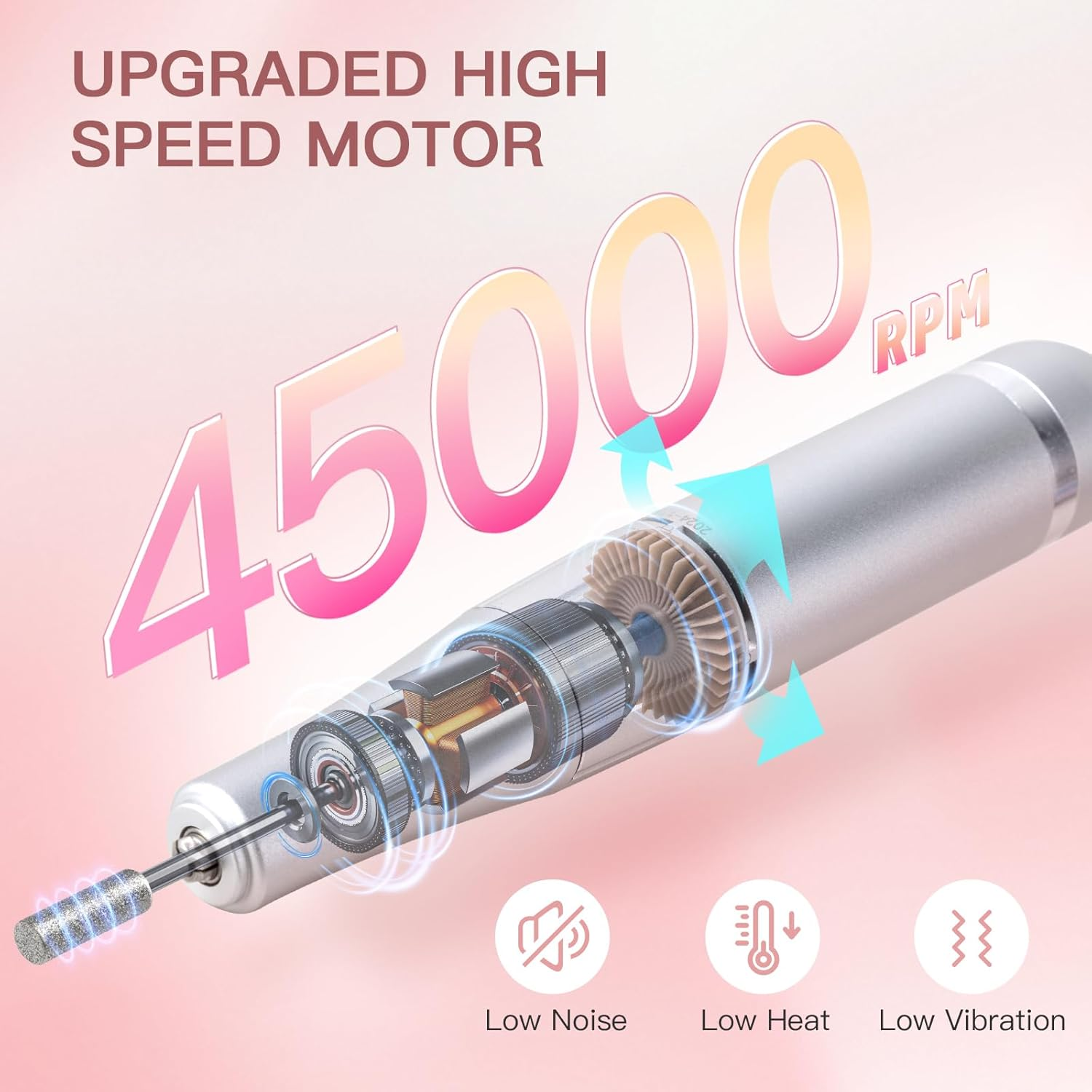 Madenia Professional Nail Drill Machine: 45,000RPM Rechargeable Nails Efile Kit with Low Noise and Low Heat for Manicure & Pedicure in Nail Salon - Perfect for Beginners and Technicians, Pink - Purple image number 7