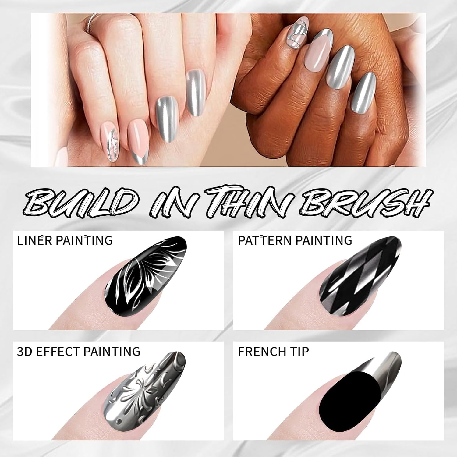 4X12Ml Metallic Mirror Painting Liner Gel Polish Set, Mirror Chrome Effect Painted Gel &Black & White Nail Polish Drawing Striper Gel Build in Thin Brush Soak off UV/LED Nail Manicure Setb - Set B image number 4