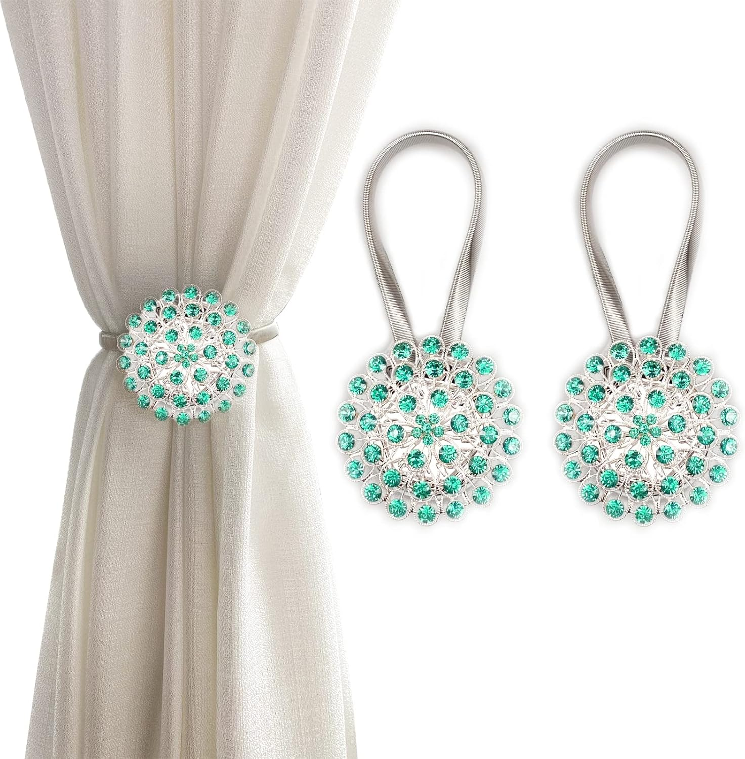 Magnetic Tiebacks for Curtains, 2 Pack Sparkling Crystal Flower Curtain Tiebacks Curtain Buckle Clips with High-Elastic Spring Wire for Home Office Decoration (Yellow)