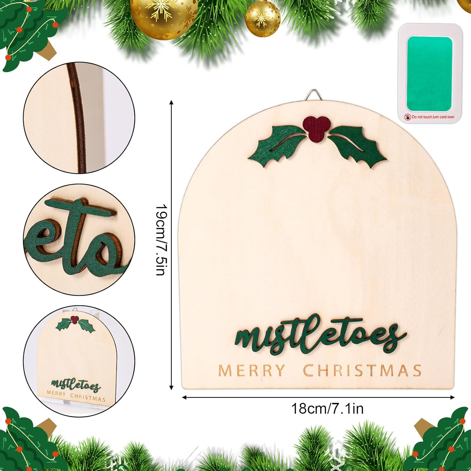 Christmas Baby Footprint Wooden Souvenir, 7.1X7.5In Wooden Baby Footprint with Green Inkpad for Baptism & Newborn Photoshoot Prop image number 4