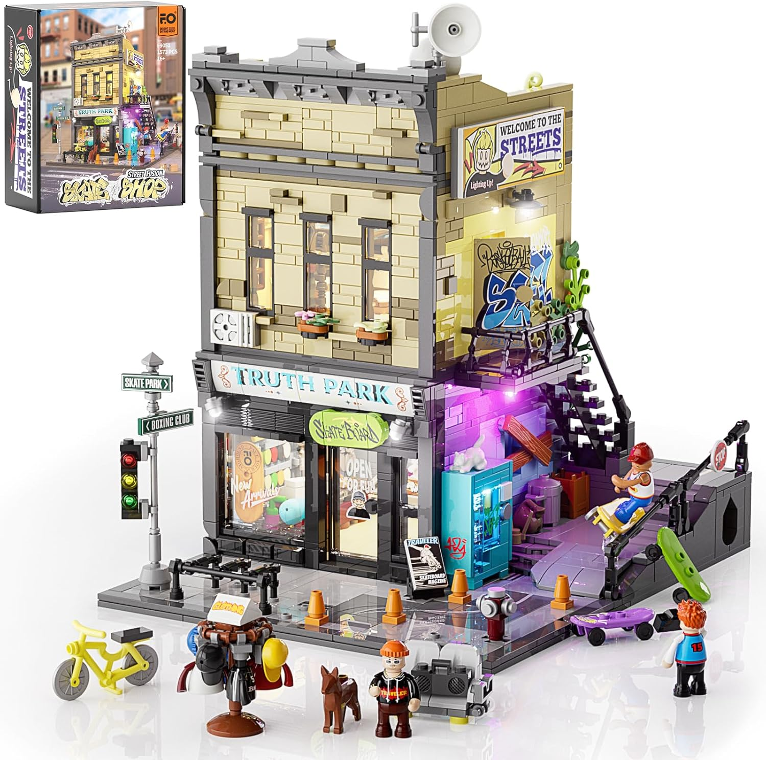 FUNWHOLE Skate Shop Lighting Building Bricks Set - Street Fusion City Skate Store Collection LED Light Modular Building Kit 1573 Pcs for Adults and Teen image number 4