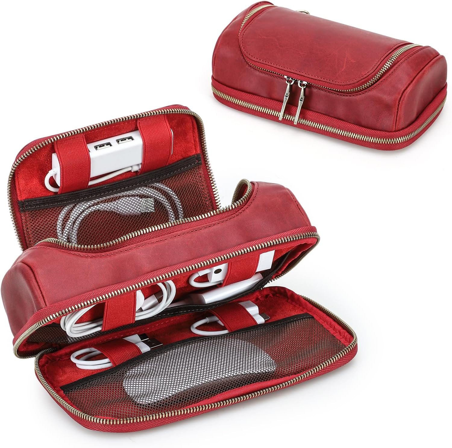 CONTACT'S FAMILY Electronic Organizer Zipper Bag Tech Pouch Handmade Crazy Horse Leather Portable Compact Electronics Travel Organiser Fits Laptop Tablet Cell Phone Accessories Coffee