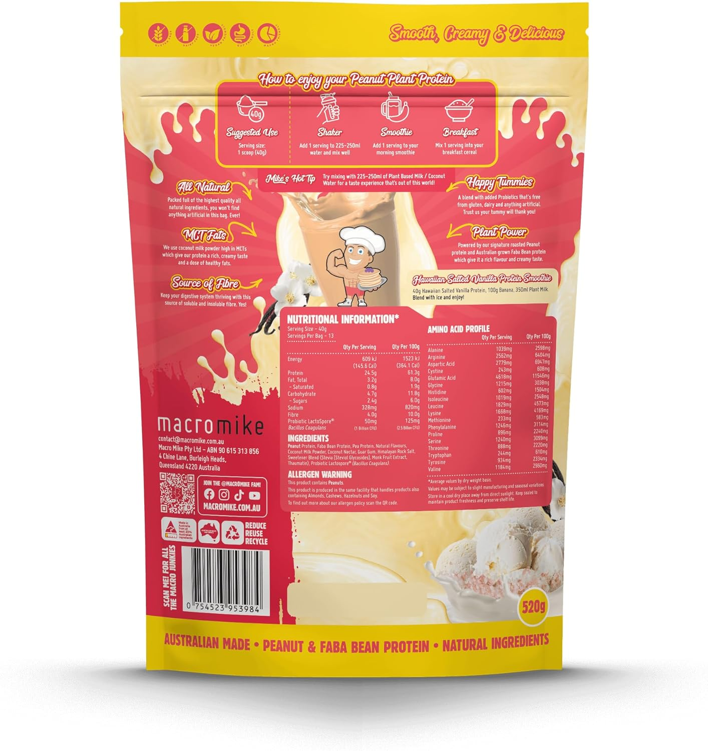 Macro Mike Hawaiian Salted Vanilla Peanut Plant Protein Powder 520 G image number 1