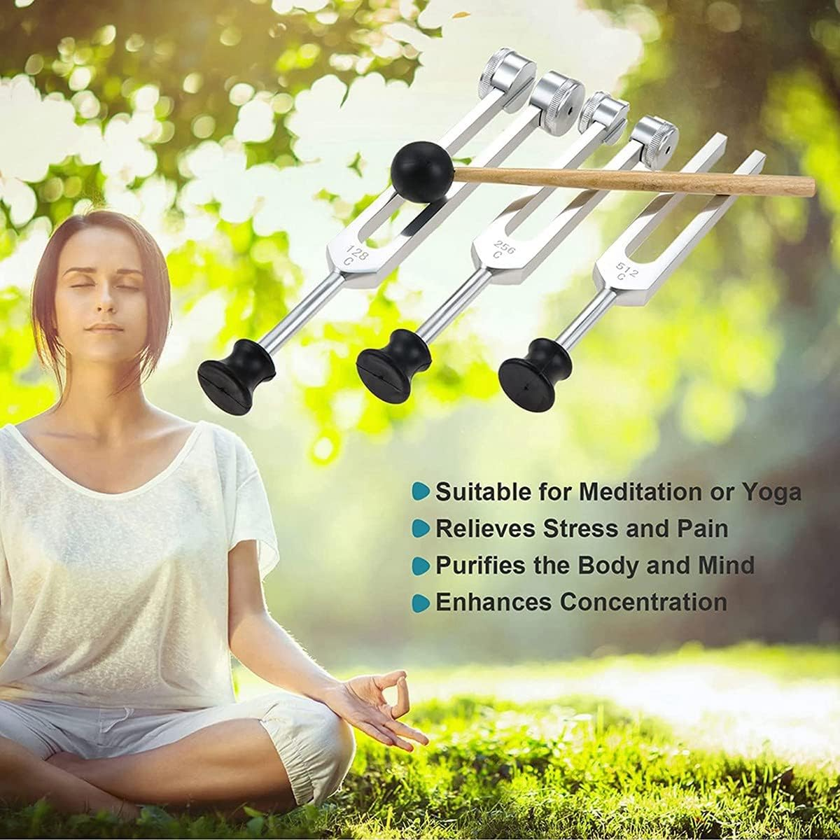4 Pack Tuning Fork Set(128Hz, 256Hz, 512Hz) with Tuning Fork Hammer for Sound Sound Vibration Tool with Base,Silver image number 4