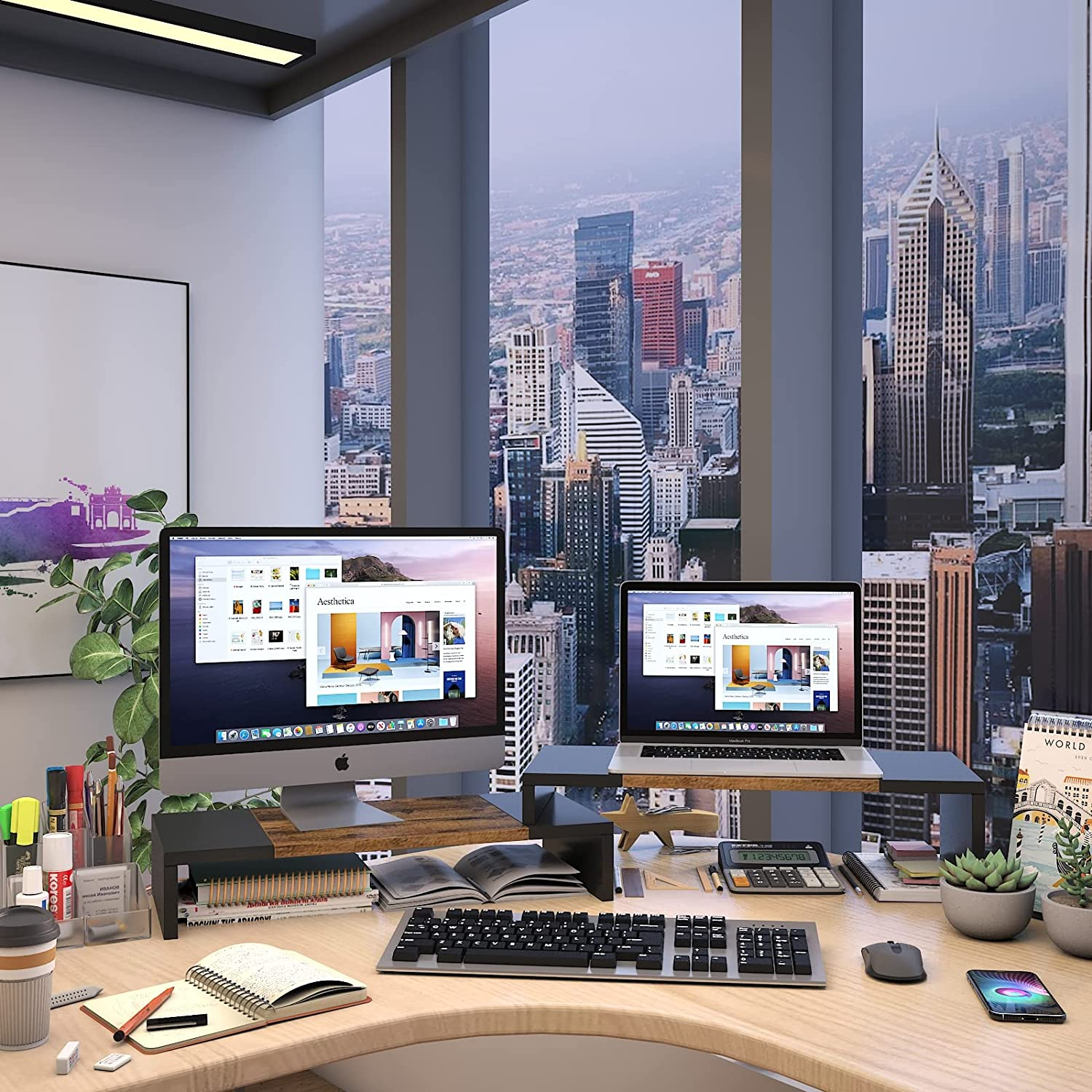 WESTREE Dual Monitor Stand - Riser 2 Shelf Computer with Adjustable Length and Angle, Stands for Monitors, Desktop Organizer PC, Computer, Laptop image number 6