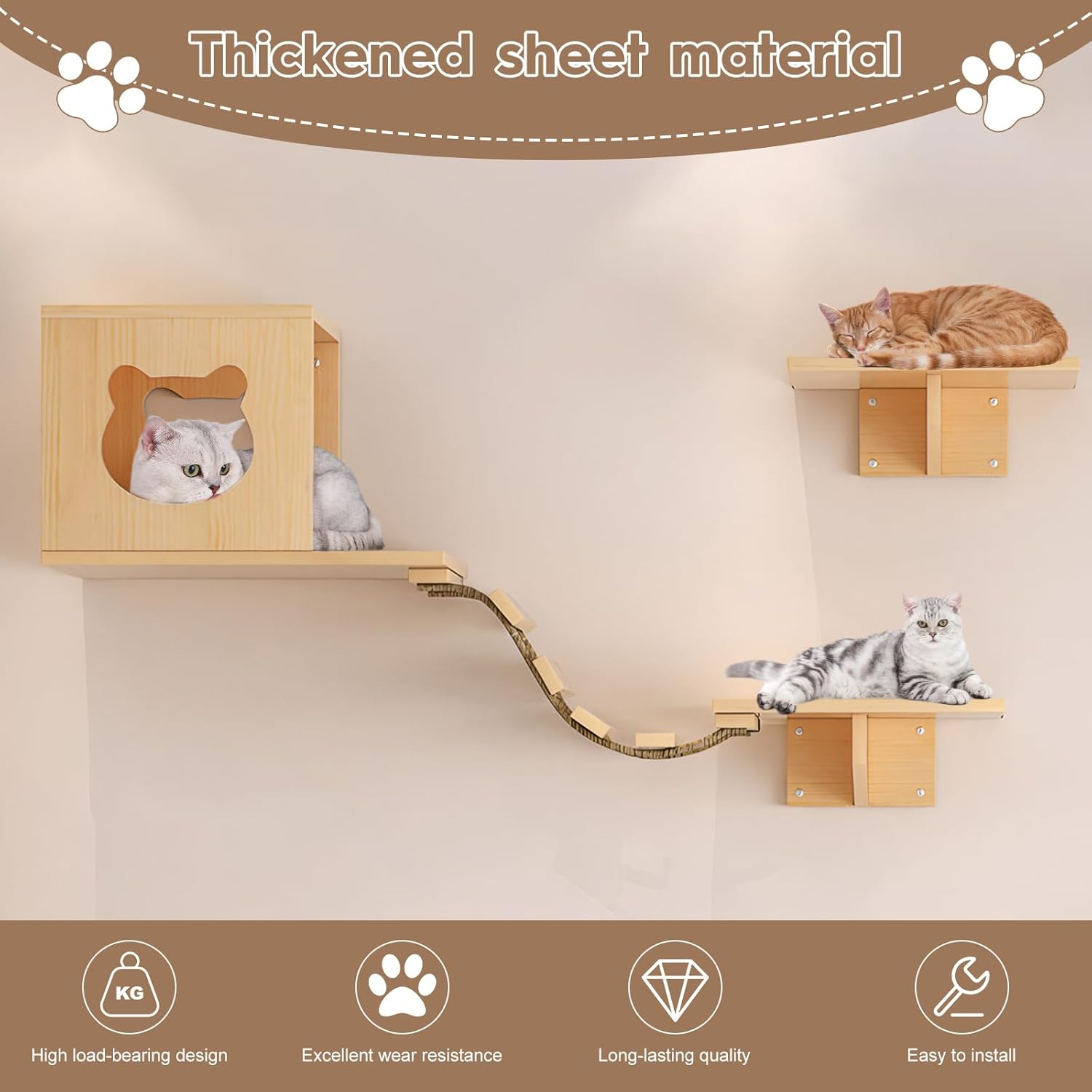 HOOMFIT Cat Wall Shelve, Wooden Climbing Furniture for Cats, Wall Mount with 2 Shelves, 2 Houses, 2 Ladders & 1 Scratching Posts - Wall Mounted (7Pcs) image number 3