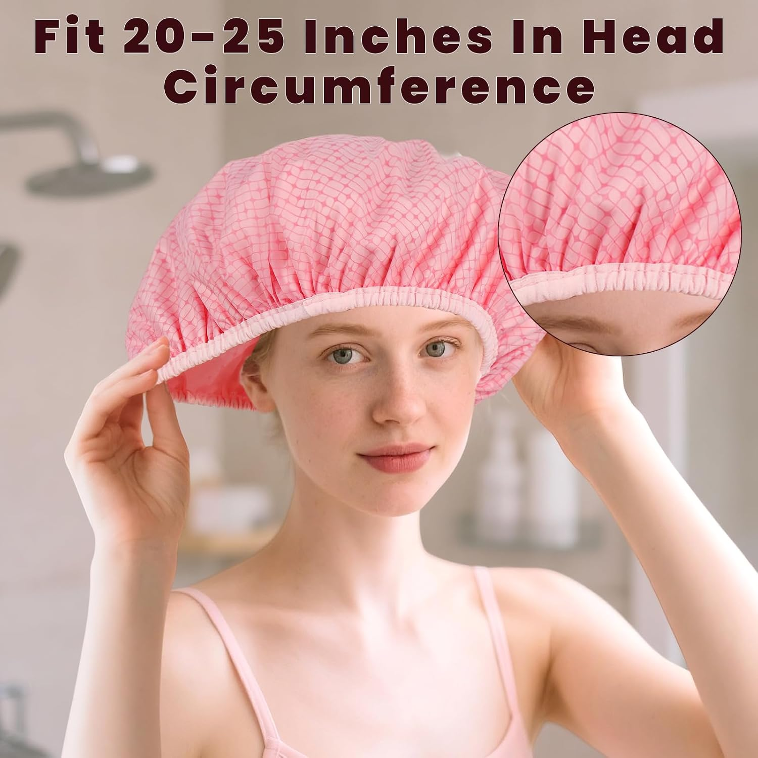 Pink Shower Cap,Hair Cap for Shower,Double Layered Waterproof Hair Caps,Satin Lined Bath Caps for Braids Long Hair