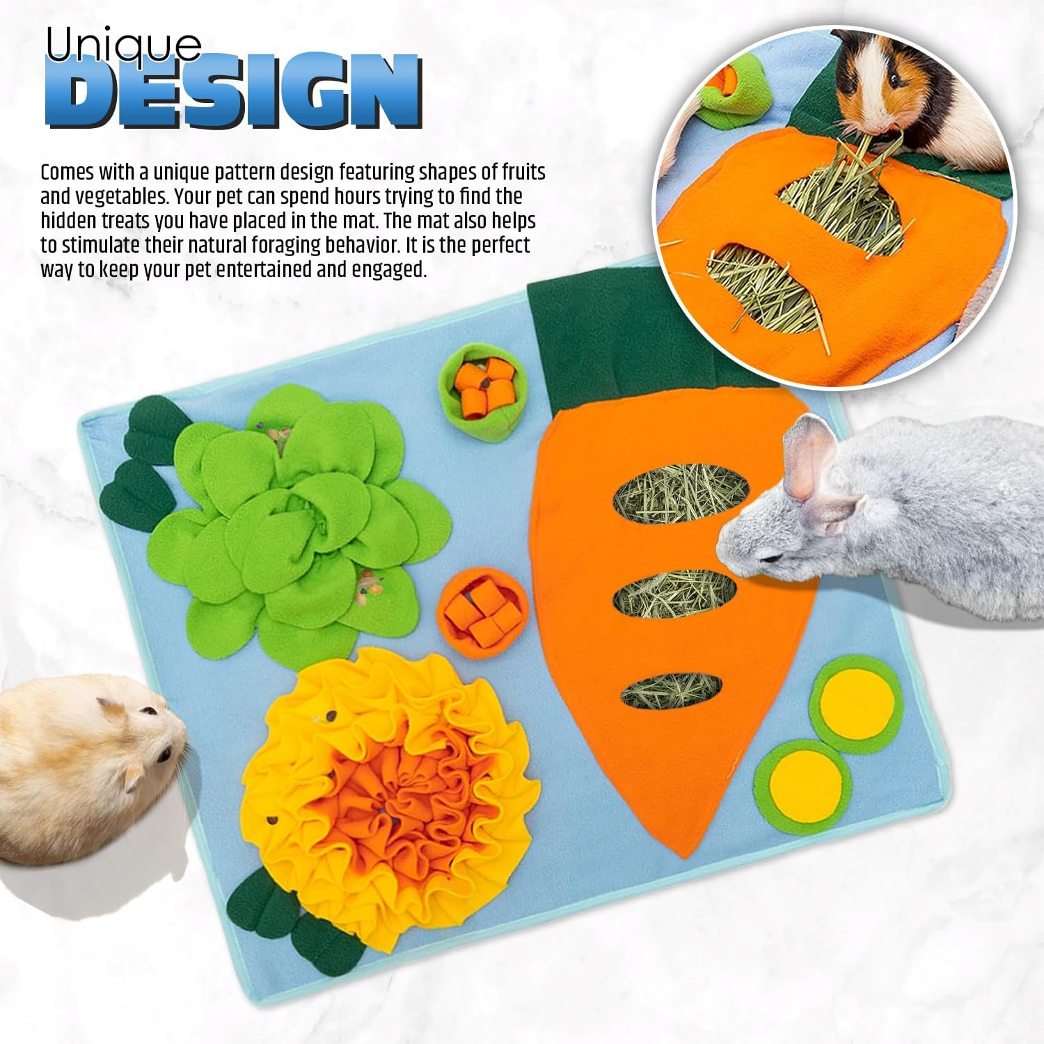 Rabbit Snuffle Forage Mat, Felt Cloth Pet Foraging Mat, Enrichment Activity for Rabbits, Guinea Pigs, Ferrets, Chinchillas, Interactive Washable Fleece Dispenser Cat Bunnies Hay Feeder Indoor Hamsters image number 6