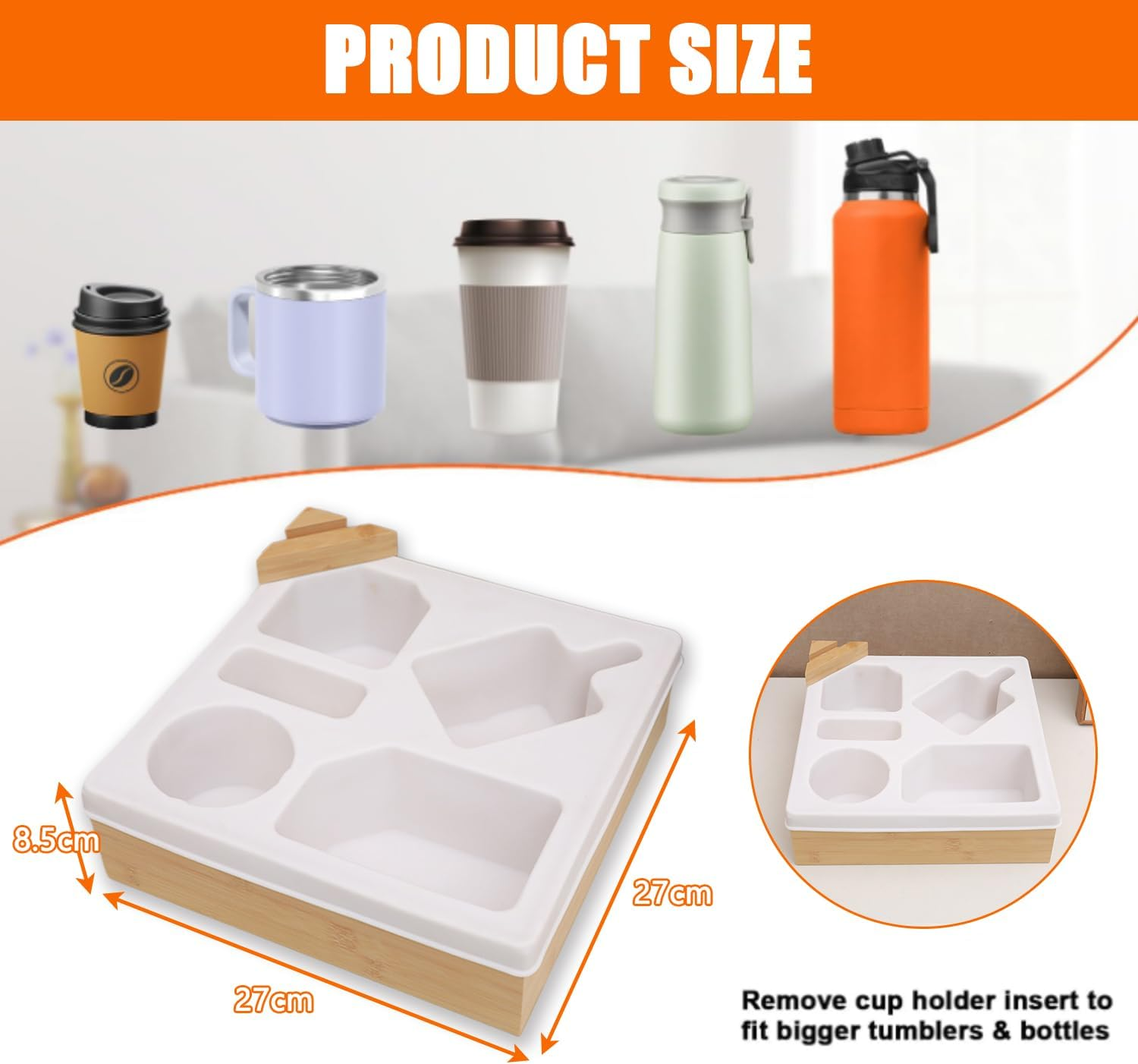 Uandhome Couch Cup Holder Tray,Handy Silicone Bamboo Couch Caddy with Rotatable Phone Holder for Bed Car Seat Organizer, Waterproof Anti-Spill Sofa Cup Holder for Snacks Beverage Remote(White)