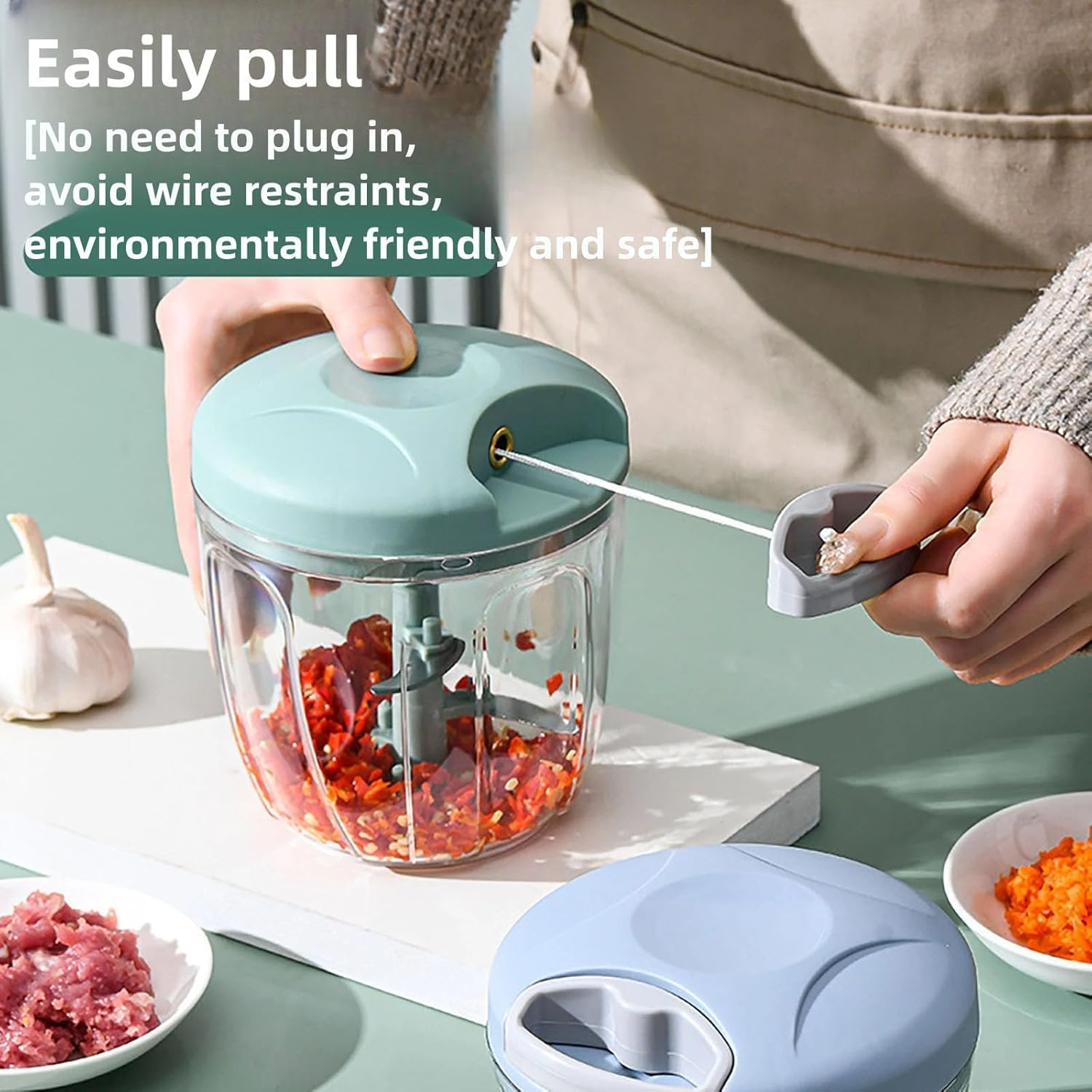 900Ml Extra Large Manual Food Chopper Vegetable Chopper Garlic Chopper, Pull String Manual Food Processor with 5 Sharp Blades Mincer for Cutting Onions Chili Ginger Seasoning image number 5
