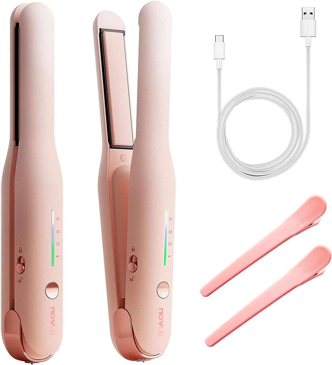 NOVUS 1 Inch Cordless Mini Hair Straightener, Type-C Mini Flat Iron, 2 in 1 Portable Travel Flat Iron & Curling Iron, Fast Heating & 3 Heat Settings, Wireless Ceramic Straightener 4000Ma Battery, Pink