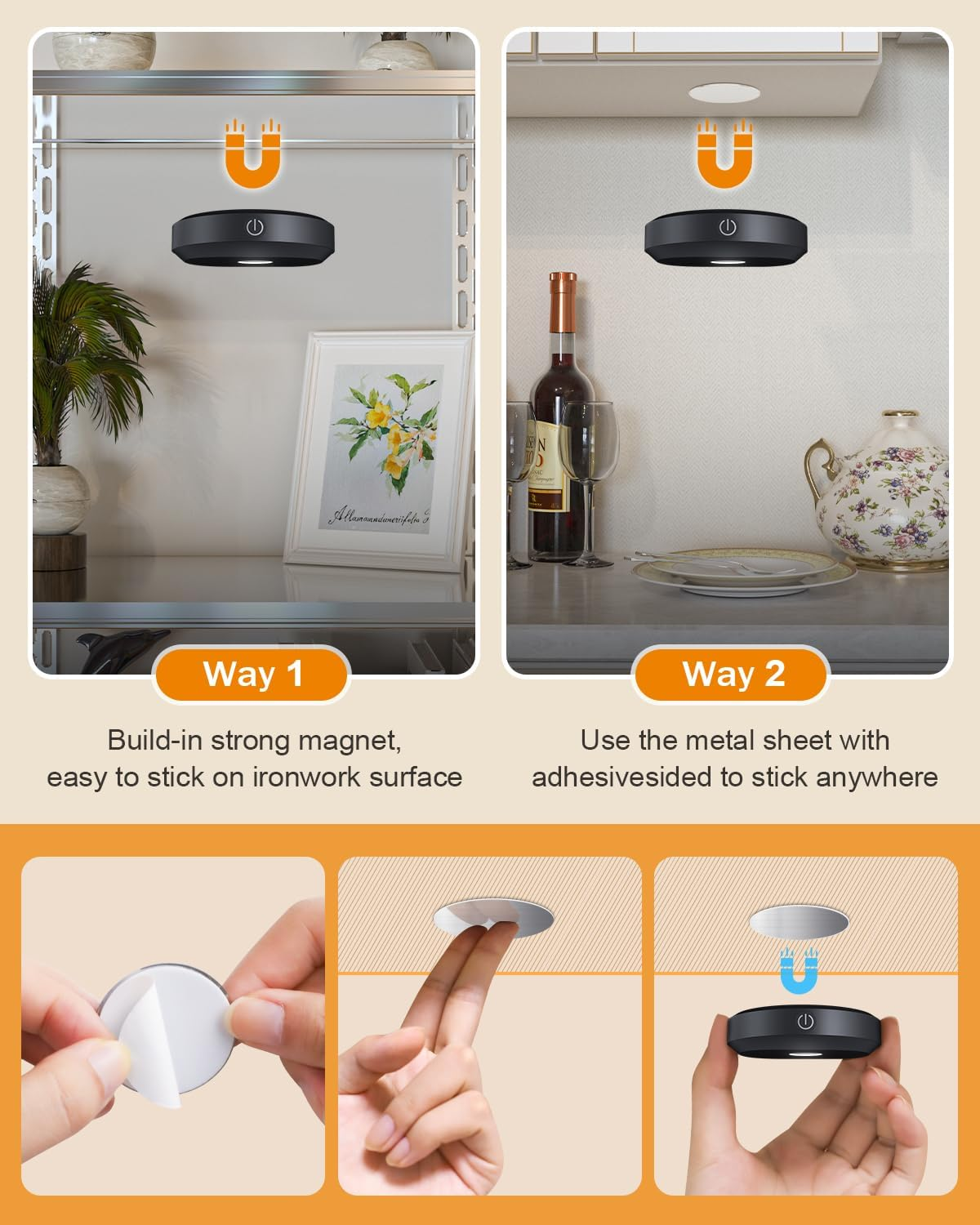 WILLED under Cabinet Lighting Wireless,Rechargeable Puck Lights with Remote Control,Battery Tap Light Stick On,3 Colors and Timer Function LED Lights for Kitchen,Cabinet,Counter,Closet,Shelf,6 Pack image number 6