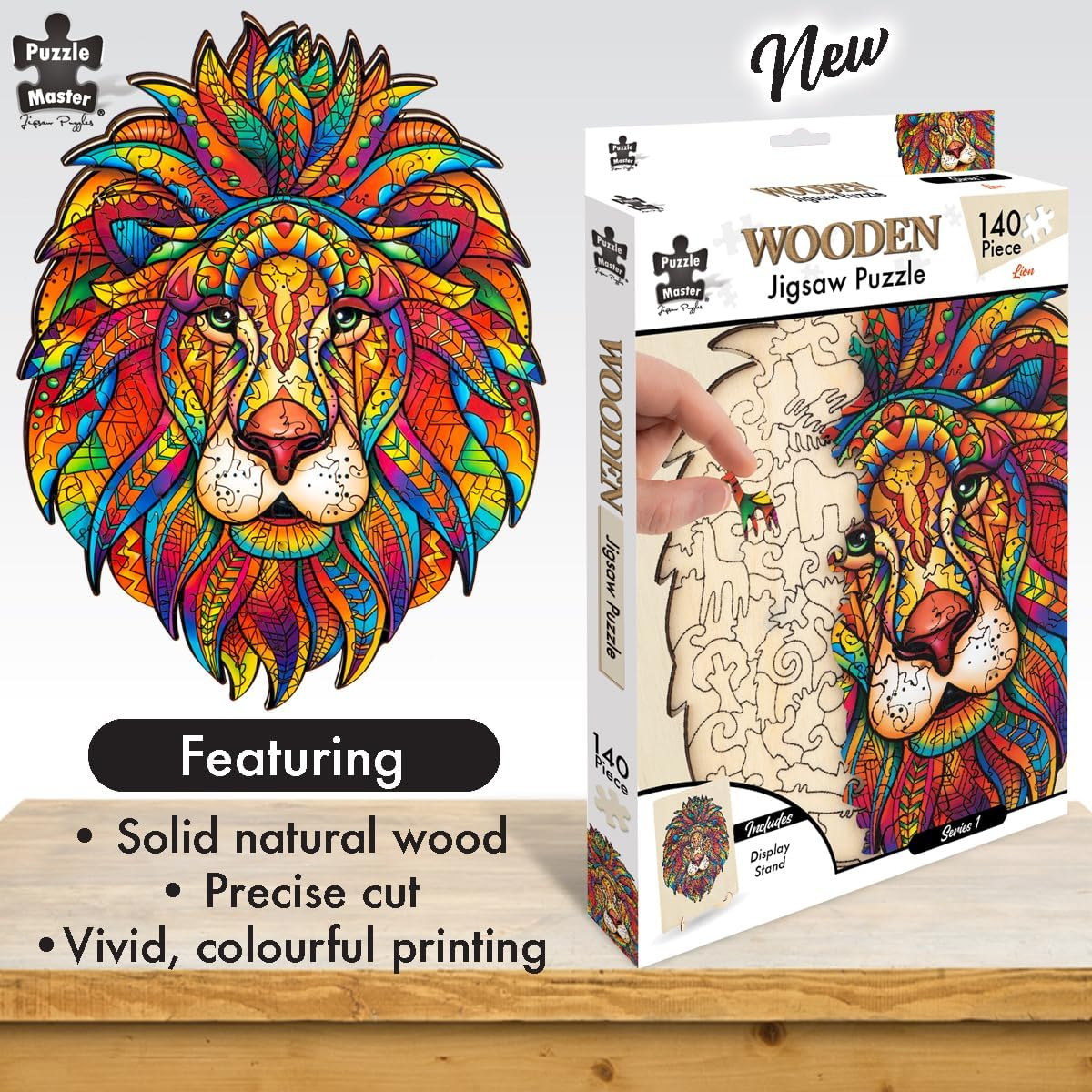 Puzzle Master Wooden Puzzle - Art Jigsaw Wood Cut Puzzle with Display Stand for Adults and Kids - Lion 145-Pieces Set image number 1