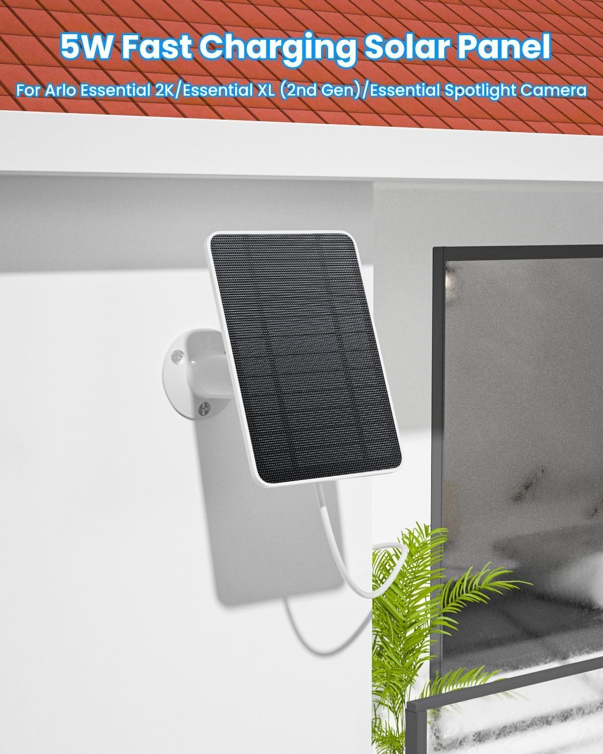Solar Panel Charger Compatible with Arlo Essential 2K Outdoor(2Nd Gen)/Essential XL Camera(2Nd Gen)/Essential Spotlight, 5W Solar Panel with IP65 Waterproof 10Ft Micro USB-C Cable (2 Pack) image number 1
