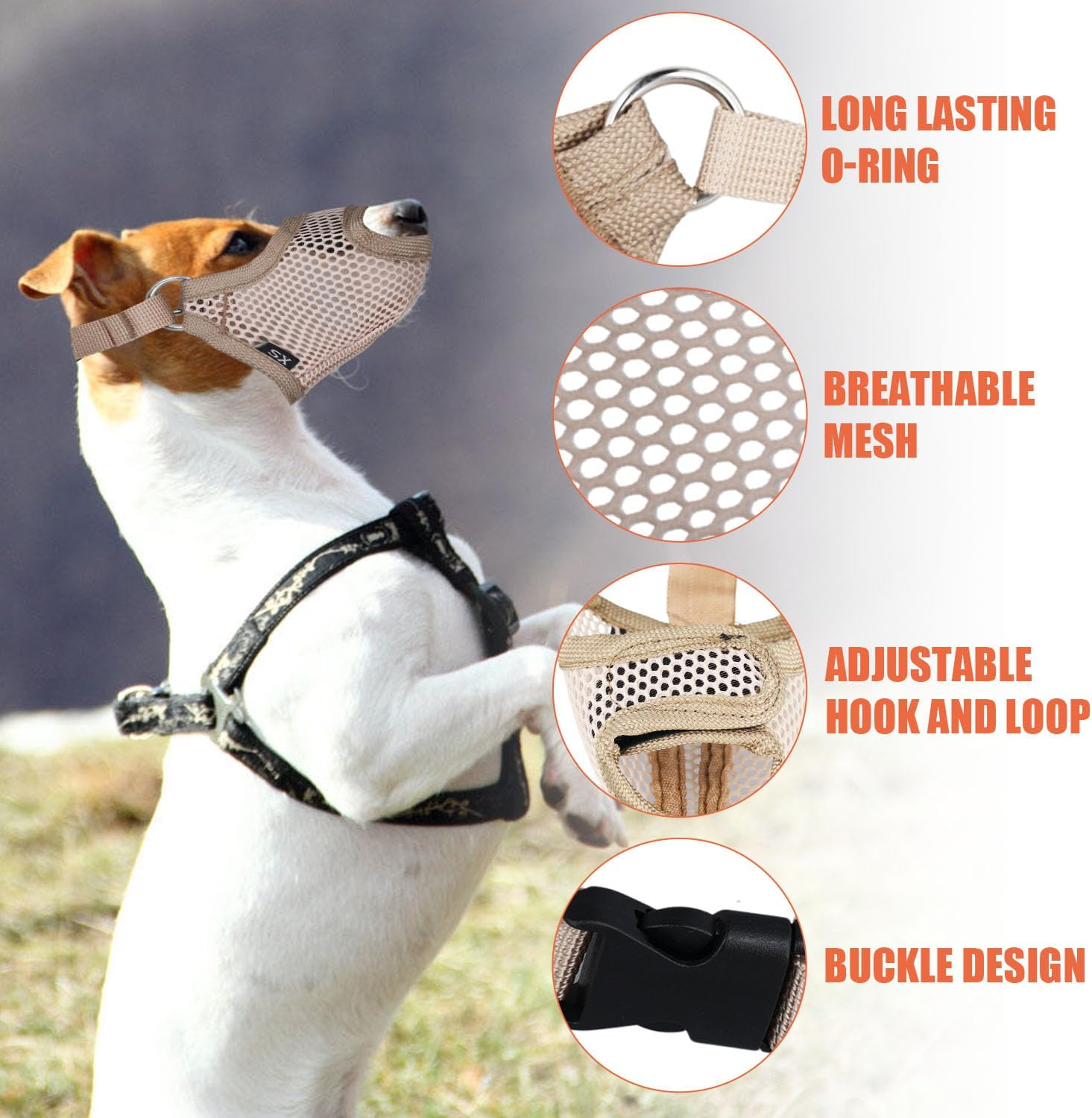 Muzzle for Small Sized Dog, Soft XS Dog Mouth Muzzle anti Biting with Front Opening Design Breathable Dog Muzzle Harness to Stop Chewing Mesh Muzzle Guard for Dogs Pet Gift (Khaki) image number 6