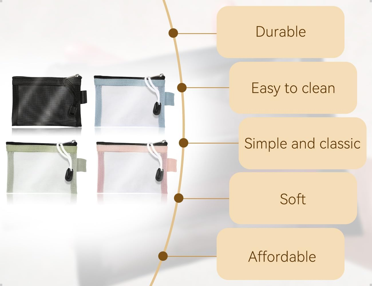 Emezddo Pack of 4 Pencil Cases, Transparent Mesh Nylon Zip Bag, Portable Cosmetic Bag, Waterproof Mesh Bag, Used for School, Office, Travel, Lipstick, Headphones image number 4