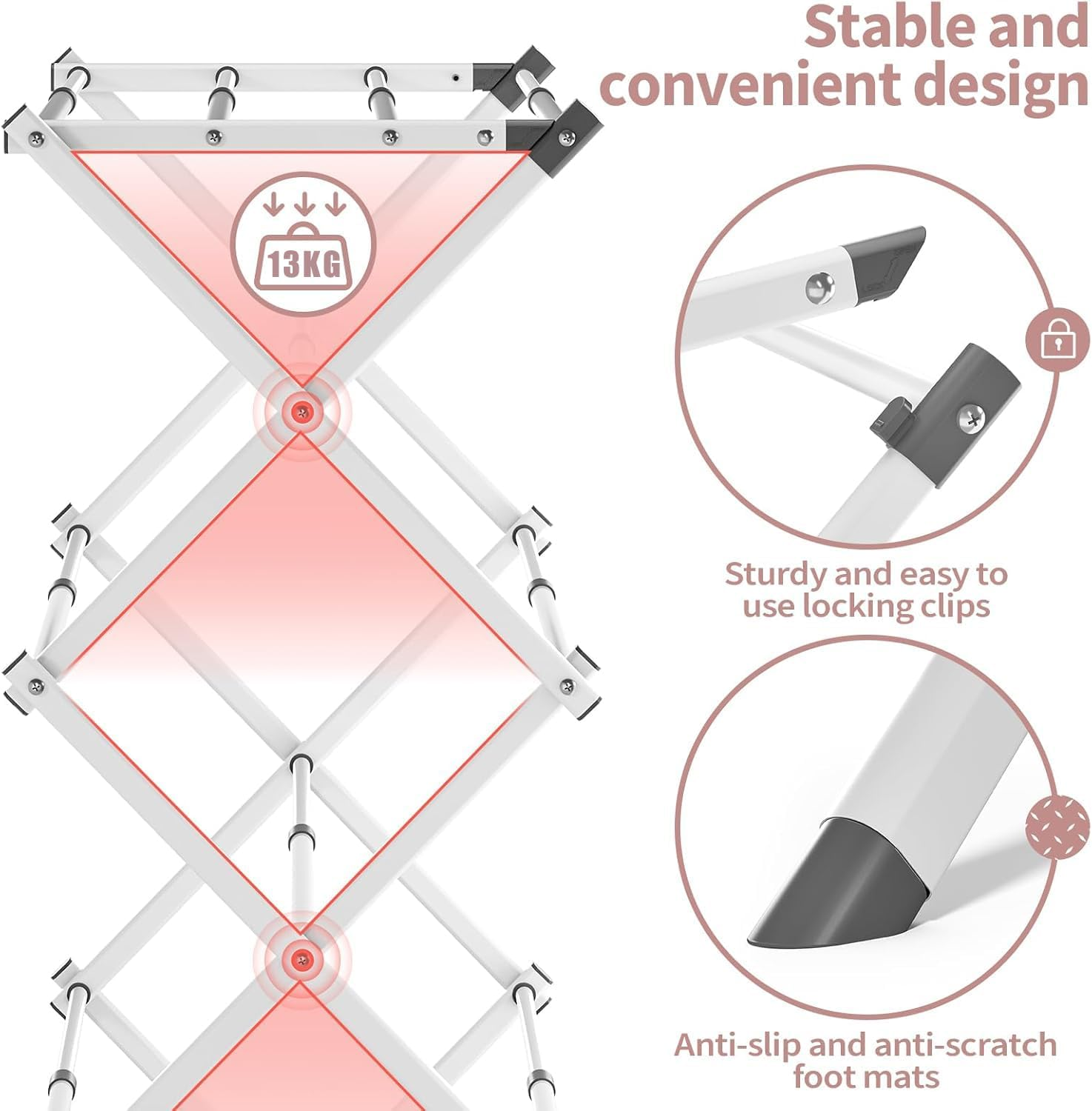 Jiaozoum Clothes Drying Rack, 3-Tier Laundry Drying Rack for Clothes, Expandable Metal Clothing Dryer, Scalable Folding Towel Rack, White image number 2