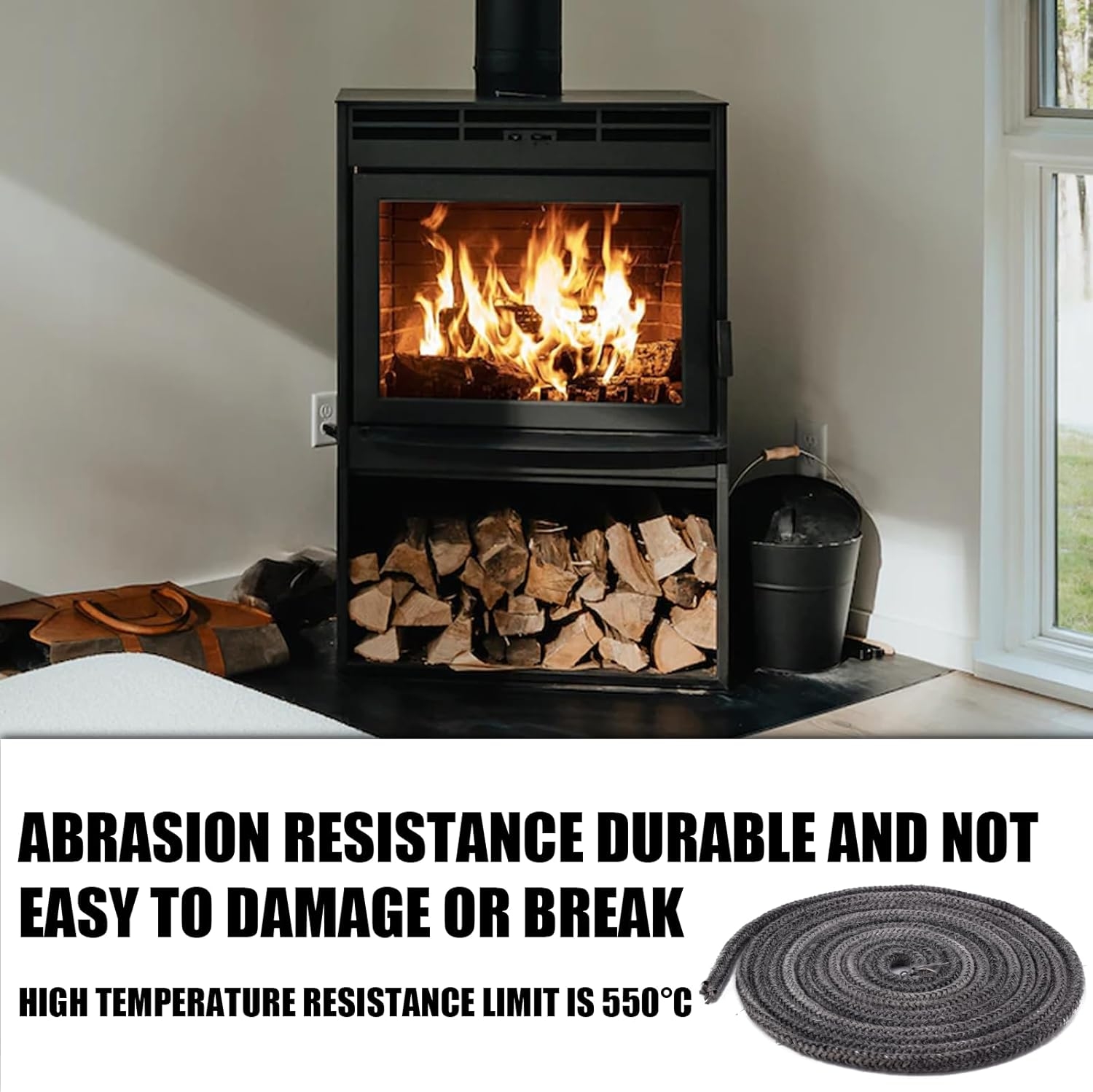 Fireplace Seal Rope, 0.31In X 9.84Ft Graphite Impregnated Fiberglass Rope Seal Gasket Replacement Wood Stove Door Gasket for Fireplaces Stoves Wood Burning image number 4