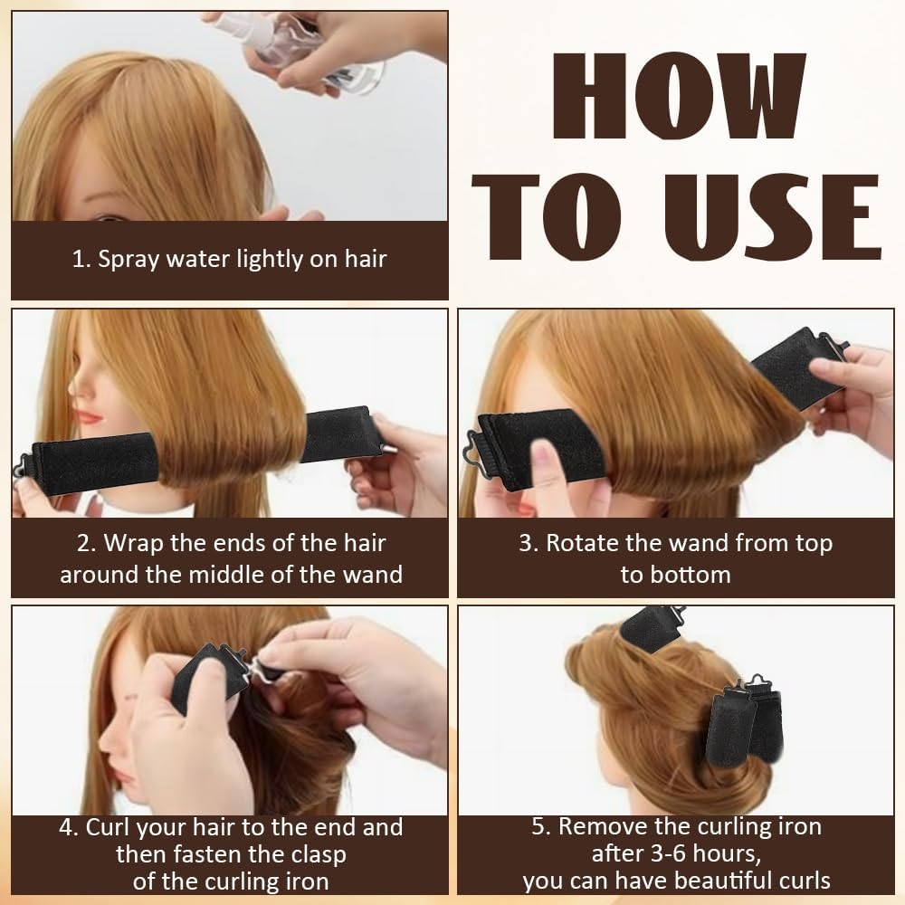 Overnight Heat-Free Curlers, Overnight Curls, Curls without Heatless Curl Set, Curls without Heat Hair Curler, DIY Overnight Curls for All Hair Types, All Hair Types (Black)