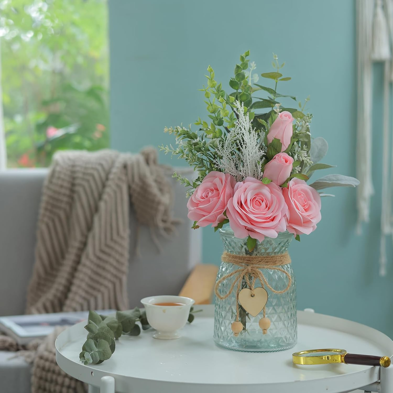 Faux Flowers with Vase,Artificial Silk Roses in Vase, Fake Plant Eucalyptus Flower Arrangement for Home Office Farmhouse Bathroom Dining Table Centerpiece Decorations Coffee Table Decor (Pink) image number 3