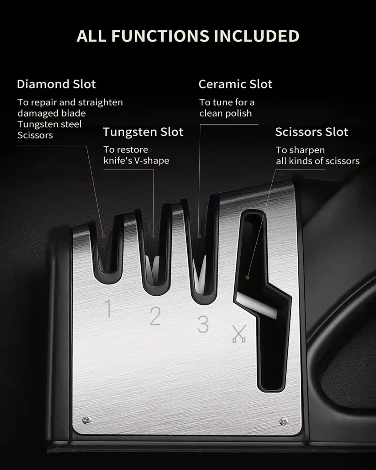 AVITONG Knife Sharpener - 4 in 1 Kinfe & Scissors Sharpener - Kitchen Multi-Function Quick Sharpener - Sharpening, Stone Household Manual Sharpening Artifact Outdoor Diamond Tungsten Steel - Black image number 2