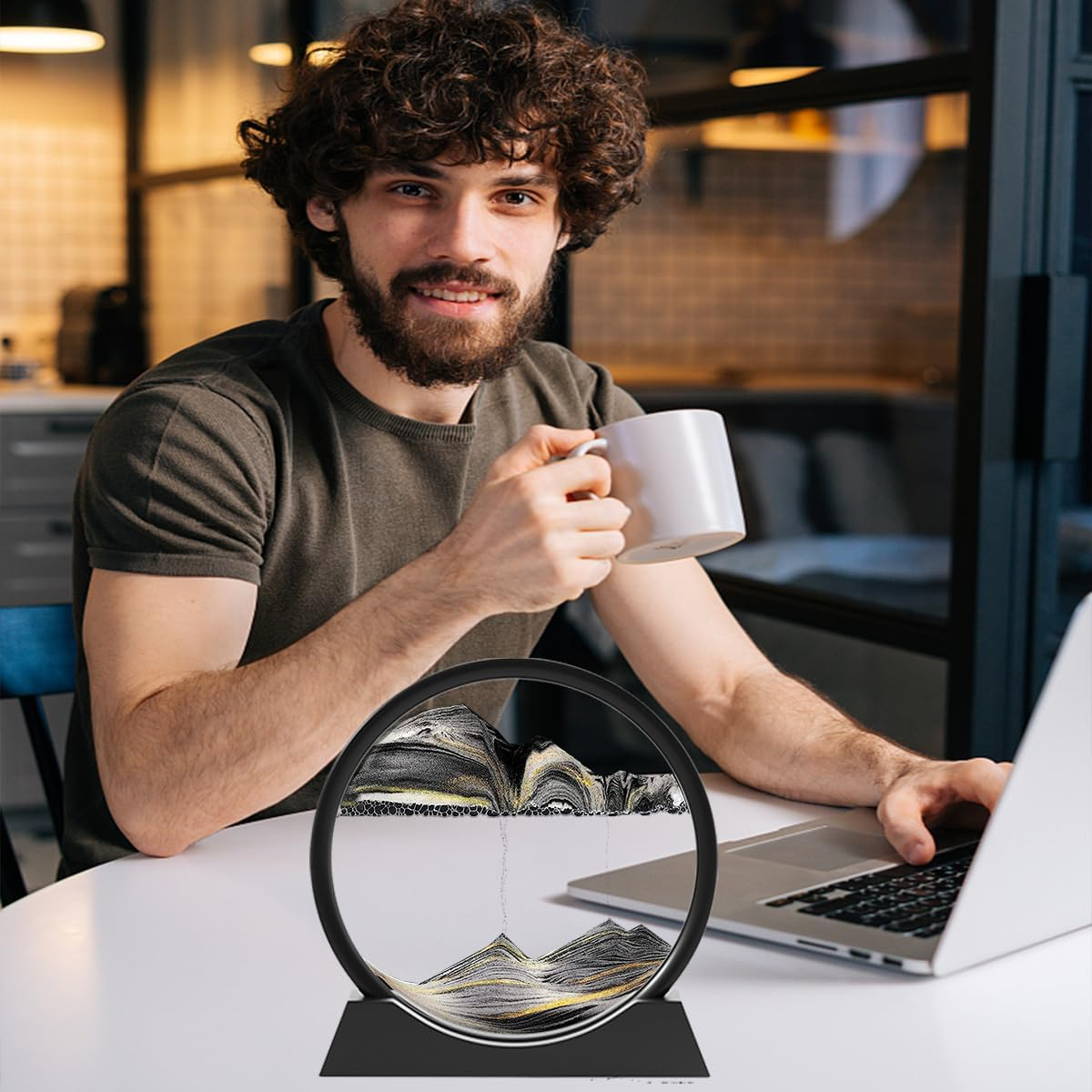 Sandbilder-Moving Sand Art Picture - Liquid Motion, Falling Sand Decor, 3D Deep Sea Sandscape, Rotary Glass Frame Display, Flowing Sand Relaxing Toy for Kids/Adults (Black, 7") image number 1