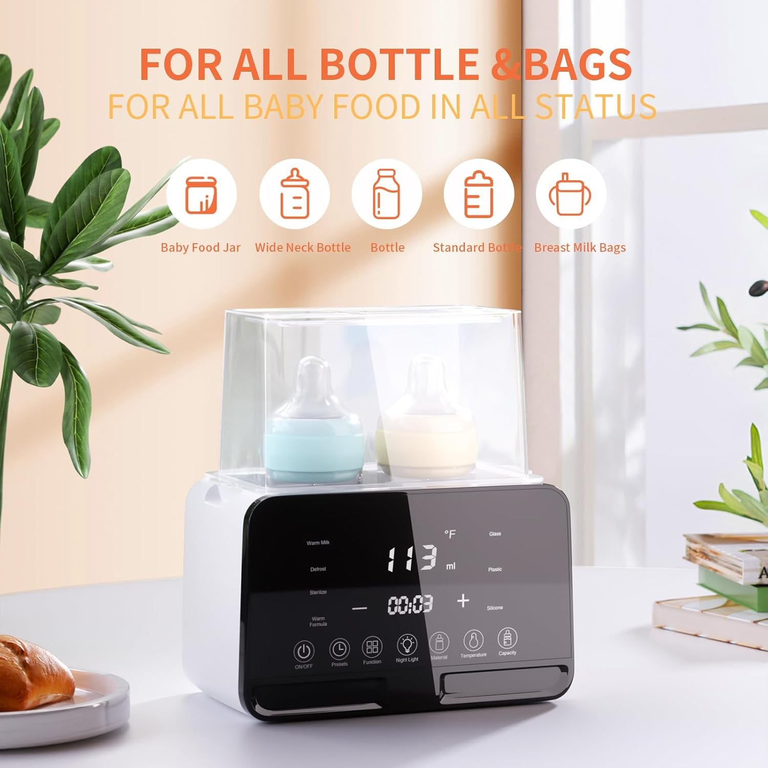 Bottle Warmer,9-In-1Baby Bottle Warmer for Breastmilk with Timer,Universal Bottle,Rapid Heating，Accurate Temperature Control ，Sterilize，Led Displays and Night Lights image number 2