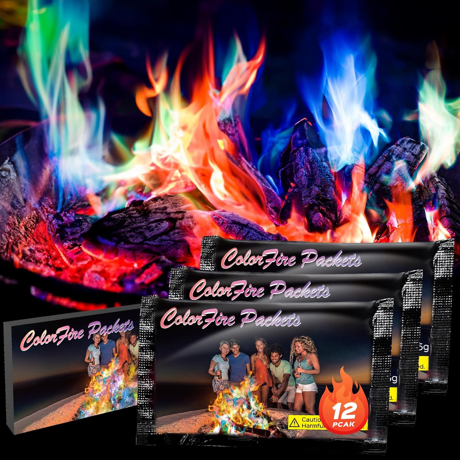 12 Pack Colorful Flames Color Fire Packets Fire Pit for Campfire,Fire Color Packets Camping Accessories for Kids & Adults,Outdoor Fire Changing Cosmic Flame Powder. (12 Packets)