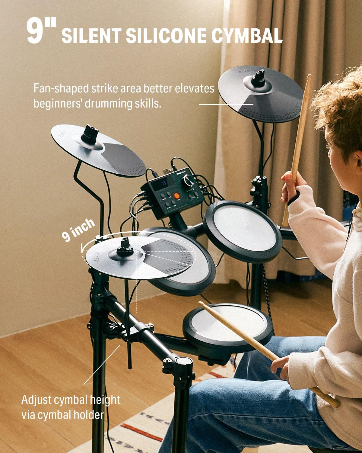 Donner DED-70 NEW Electric Drum Set, Electronic Drum Kit for Beginner with 150 Sounds, 4 Quiet Mesh Pads, 9" Cymbals, USB MIDI, Type-C Charging, 2 Pedal, Throne, Headphones, Sticks, Melodics Lessons image number 5