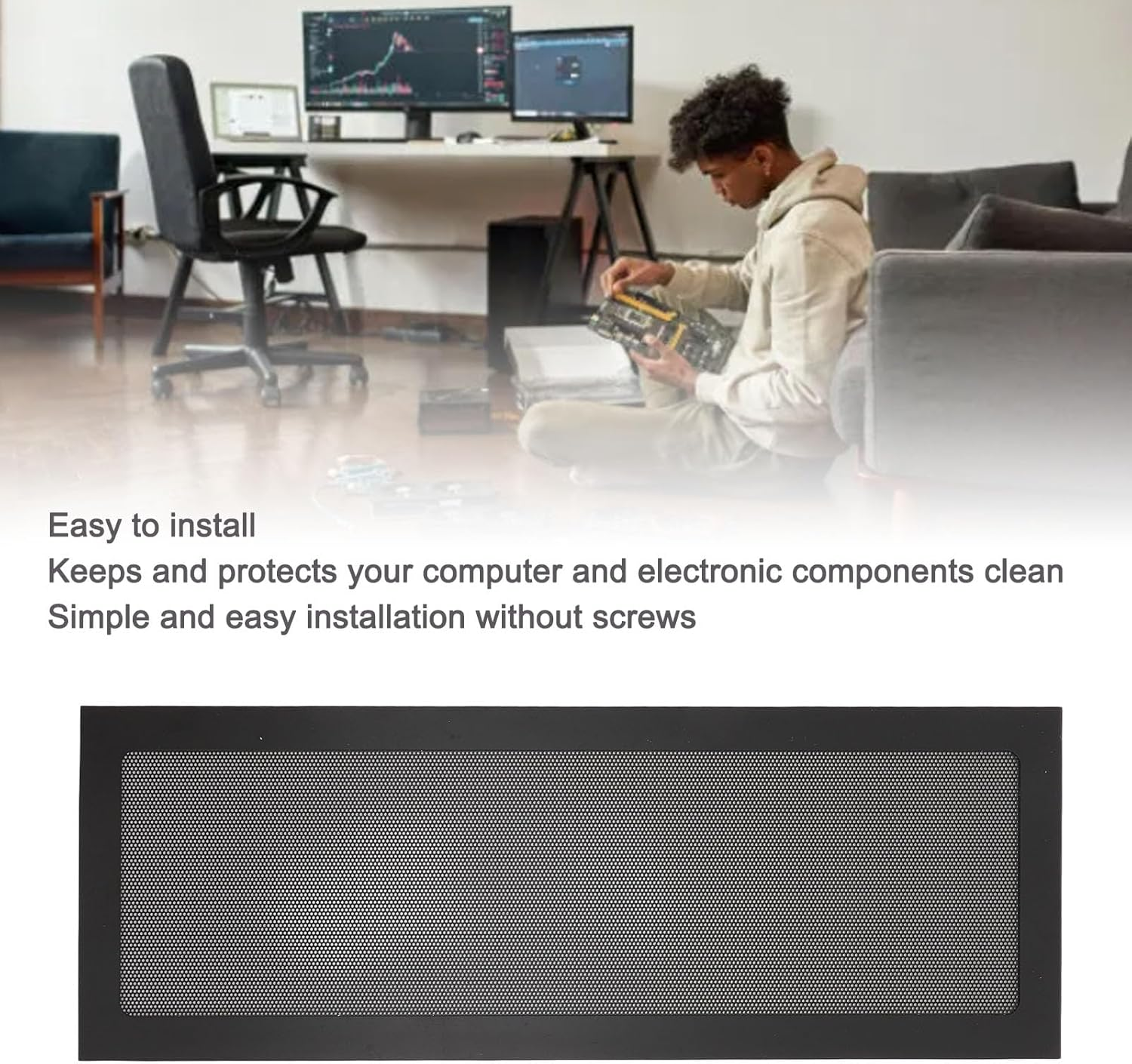 2Pcs Magnetic Dust Filter PC, Computer Fan Filter Grills PVC, 4.72X14.17In Magnetic Frame PC Cooler Fan Dust Filter Fine Mesh for Fan Vent for Computer Cooler Fan (Black) - White image number 4