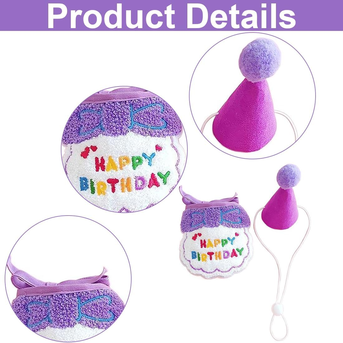 2 Pieces Dog Birthday Hat, Pet Cat Dog Happy Birthday Bib, Cat Birthday Decoration, Dog Birthday Set, Pet Costumes Headpiece Accessories (Purple) image number 3