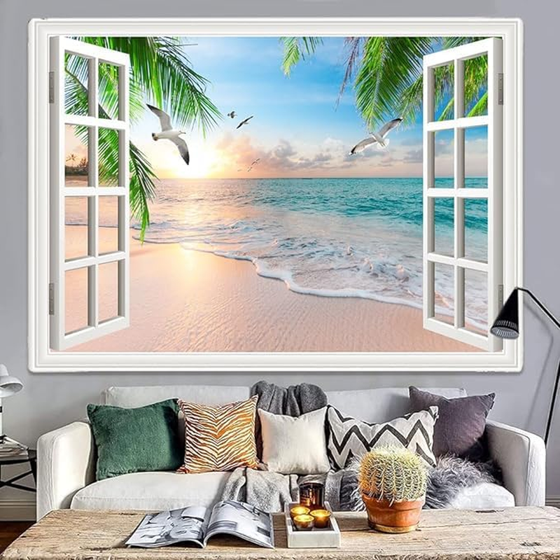 Xiaoput Nature Landscape Tapestry, Cozy outside of Window Tropical Palm Tree Beach Sea Mew Sunset Scenery Tapestry Wall Hanging, Colorful Bedroom Living Room Dorm Decor 40X30 In