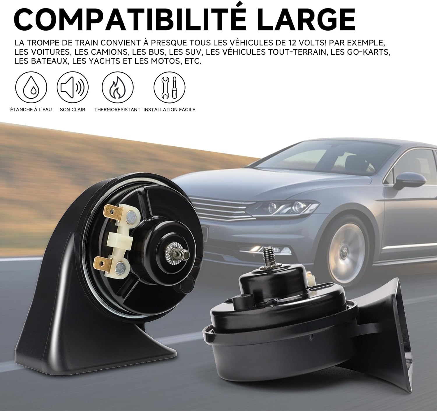 FARBIN Car Horn 12V Loud Waterproof Double Horn Super Loud Train Horns Car Electric Snail Horn Air Horns Truck Horn Replacement Kit Universal for Car Motorcycle Truck Boat (Black, Boutique Snail Horn) image number 5