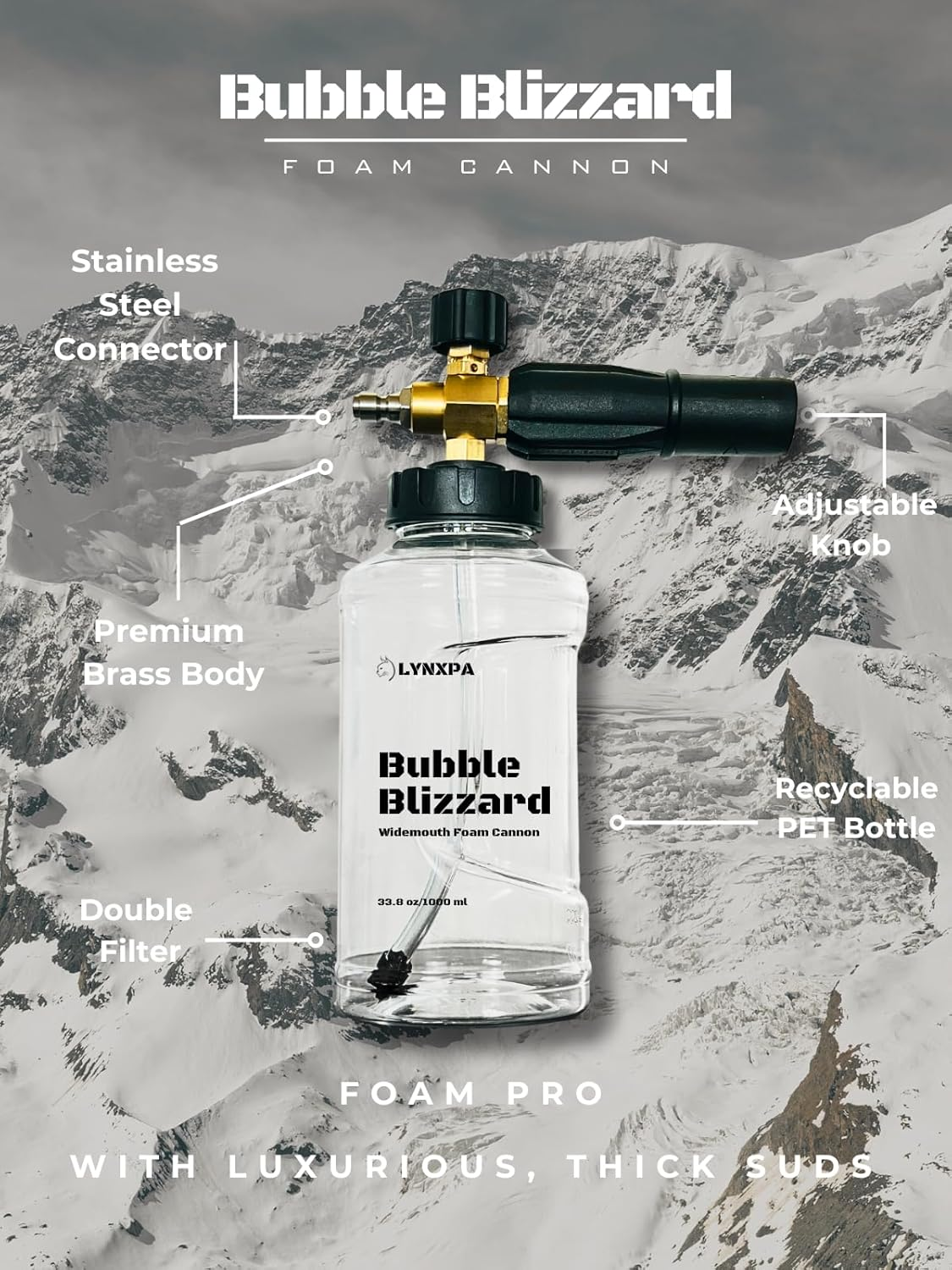 LYNXPA Bubble Blizzard Premium Foam Cannon for Pressure Wahsers, Wide-Mouth Crystal Clear Design, Fully Recyclable Bottle, 1/4 Inch QC, 3300 PSI, Ideal for Car, Boat, and Home Wash image number 4