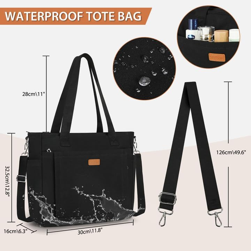 Canvas Tote Bags for Women with Zipper and Compartments Large Shoulder Bag Waterproof Crossbody Bag for School Work Beach - Blackbrown image number 4