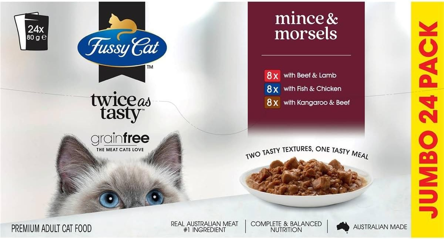 Fussy Cat Grain Free Adult Twice as Tasty Wet Cat Food, Mince & Morsels, 12X80G | Two Tasty Textures, One Irresistible Meal | Real Australian Meat, Grain-Free & Complete Nutrition
