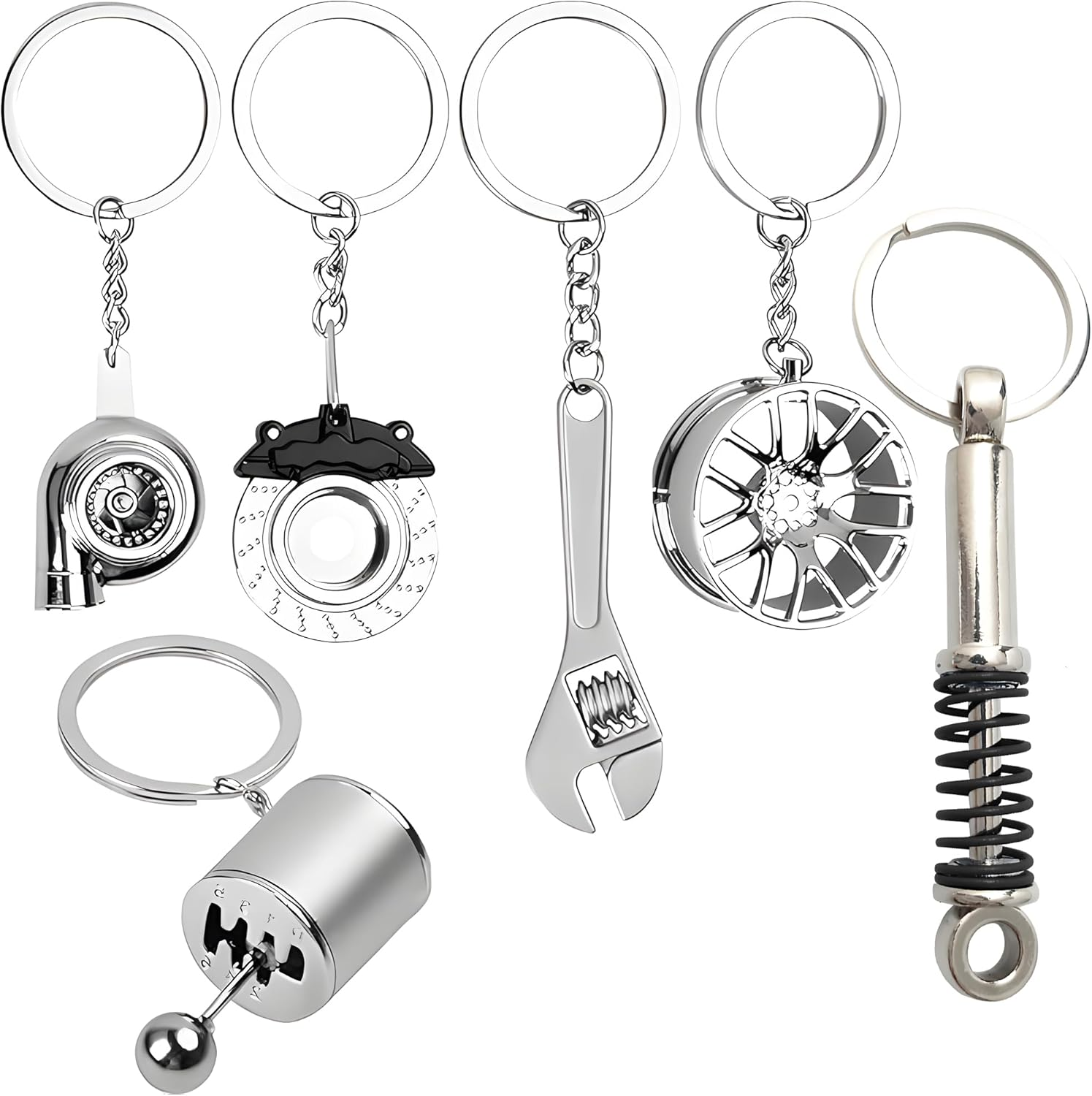 Mini Turbocharger Keychains - 6Pcs Durable Metal Car Keychains with O-Ring Tool, Compact & Portable Keychain Accessories for Car Fans, Silver Racing Car Keyring Gift image number 2