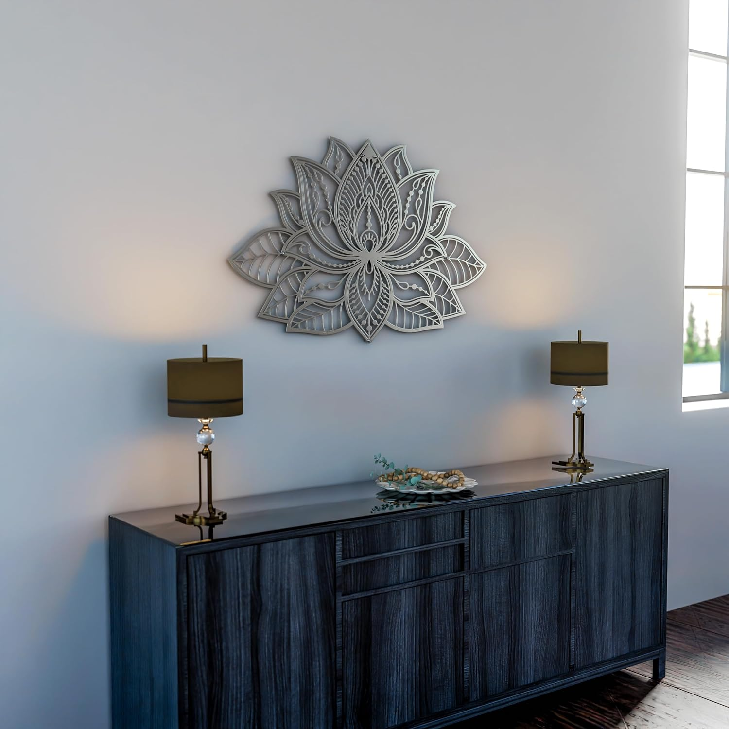 Iwa Concept Mandala Metal Wall Decor, Lotus Flower Meditation Room Decor, Minimalist Zen Garden Bohemian New Year (26.3" X 17" | 67 X 43 Cm, Silver) image number 6