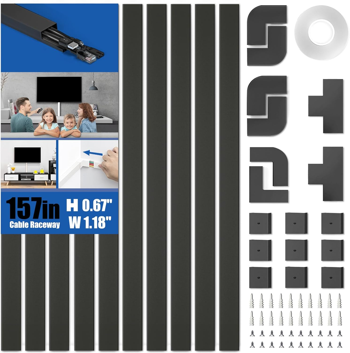 Delamu 157In Cord Hider, Cord Cover Wall Cable Management, Paintable Wire Cover for Cords, Cable Hider Raceway Kit, Cable Cover Concealer, Wire Hiders for TV on Wall, 10 X L15.7 W1.18 H0.6In, Black