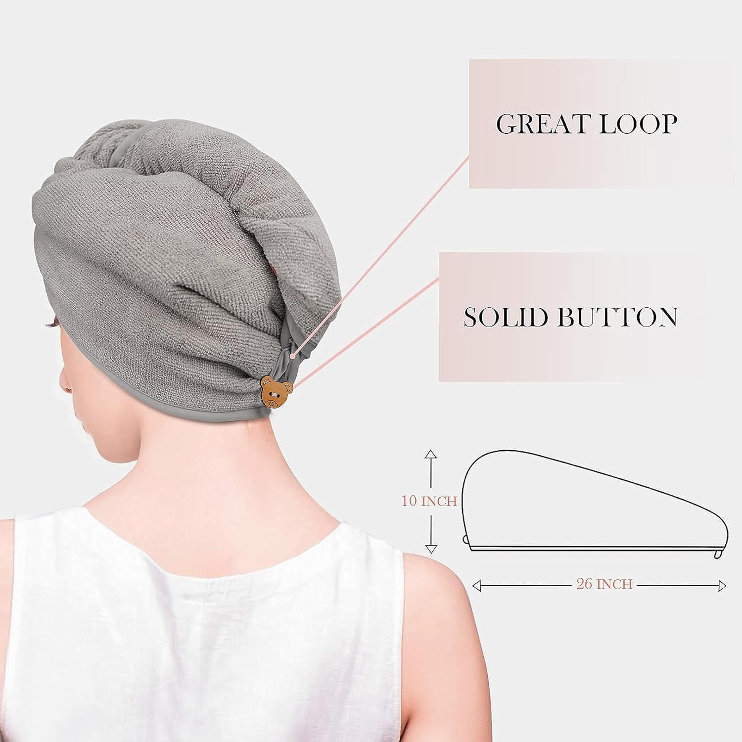 MAXOSHINE Hair Towel Wrap for Women-Quick Drying Microfiber Towel for Hair with Elastic Loop for Tying-Super Absorbent Head Towels Wrap for Ladies Hair Turban (Pack of 1-Assorted-Grey/Pink) image number 6