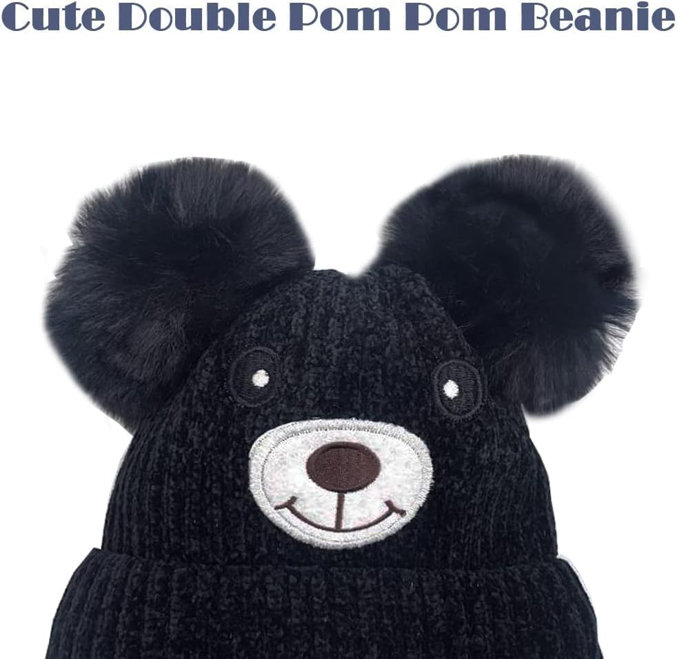 Cute Bear Kids Winter Fleece Lined Knitted Hat with Ear Flaps Dual Pom-Pom Chenille Furry Beanie Earflap Warm Beanie Hat with Strap Cold Weather Warm Hat for 1-5 Y Infant Toddler Boys Girls - Black image number 2