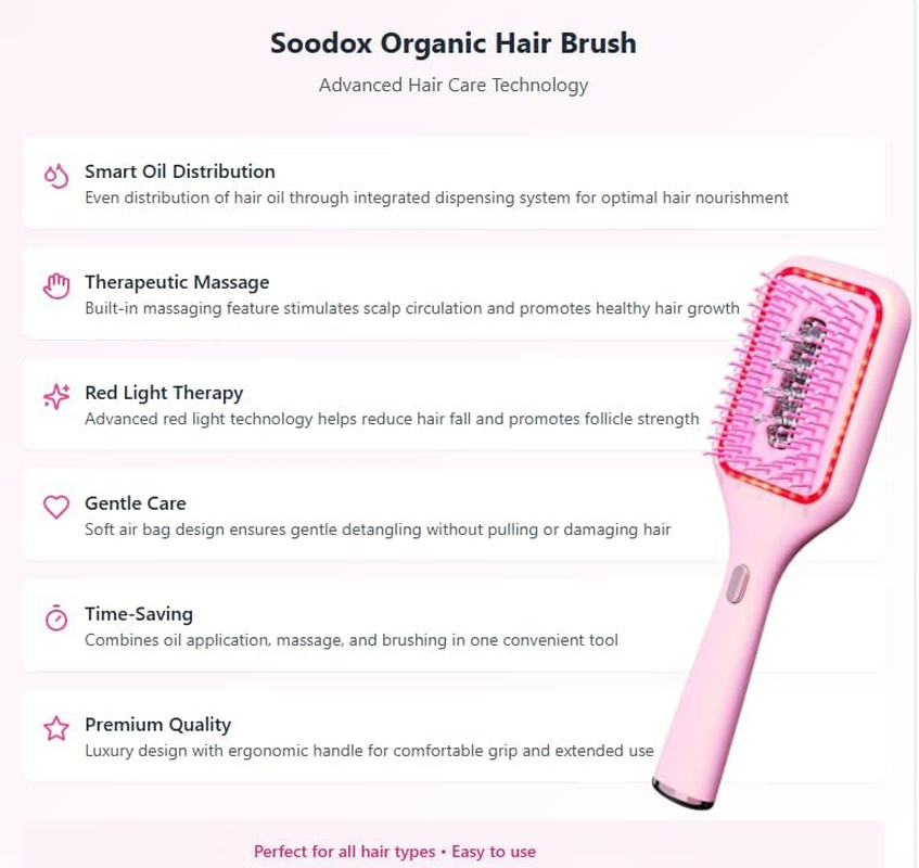 Soodox Organic Hair Oil Dispensing Brush with Red Light Technology | Soft Air Bag Design for Massaging & Blood Circulation | Red Light Therapy for Hair Growth Stimulation image number 4