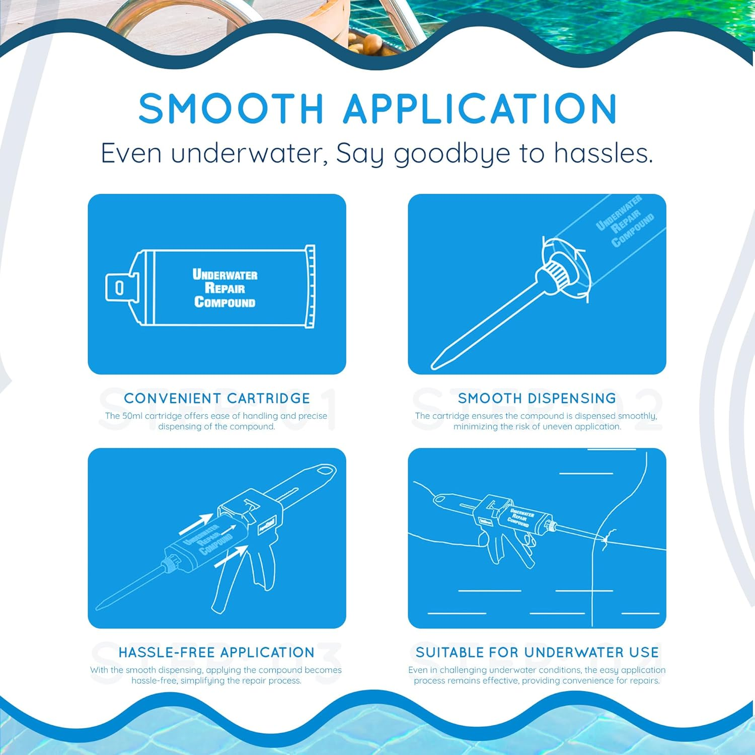 Swimming Pool Epoxy Repair Kit | Waterproof Epoxy Putty | Pool & Spa Repair | Easy DIY | Underwater Sealant for Cracks & Leaks | Concrete, Fiberglass, PVC | DMK-5200 50Ml (1.7 Oz) Kit | Gray image number 2