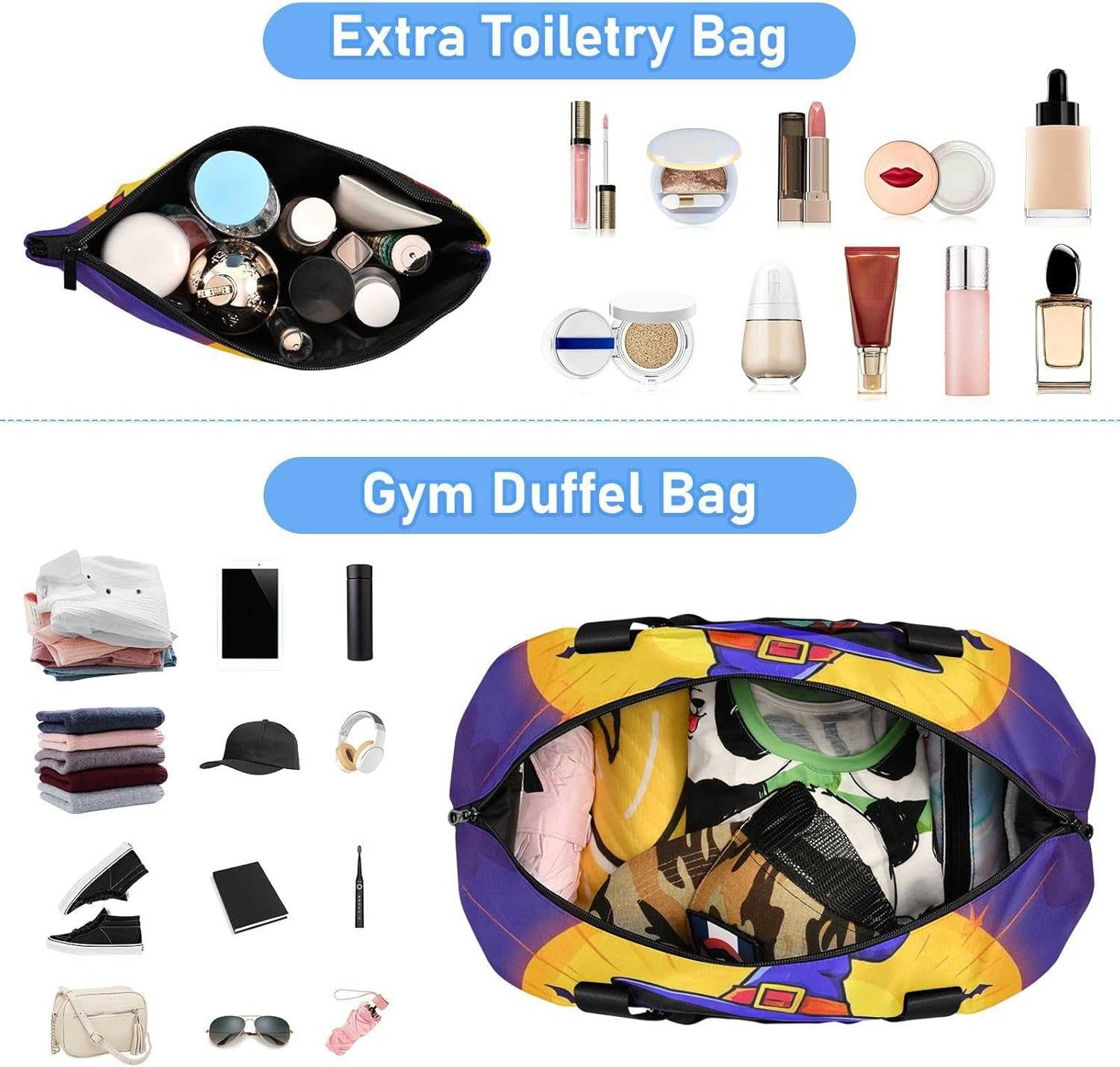 Happy Halloween Cartoon Cute Witch Overnight Travel Duffel Bag Travel Weekender Gear Bag with Toiletry Bag for Trip Waterproof, Happy Halloween Cartoon Cute Witch, 1 Size image number 4